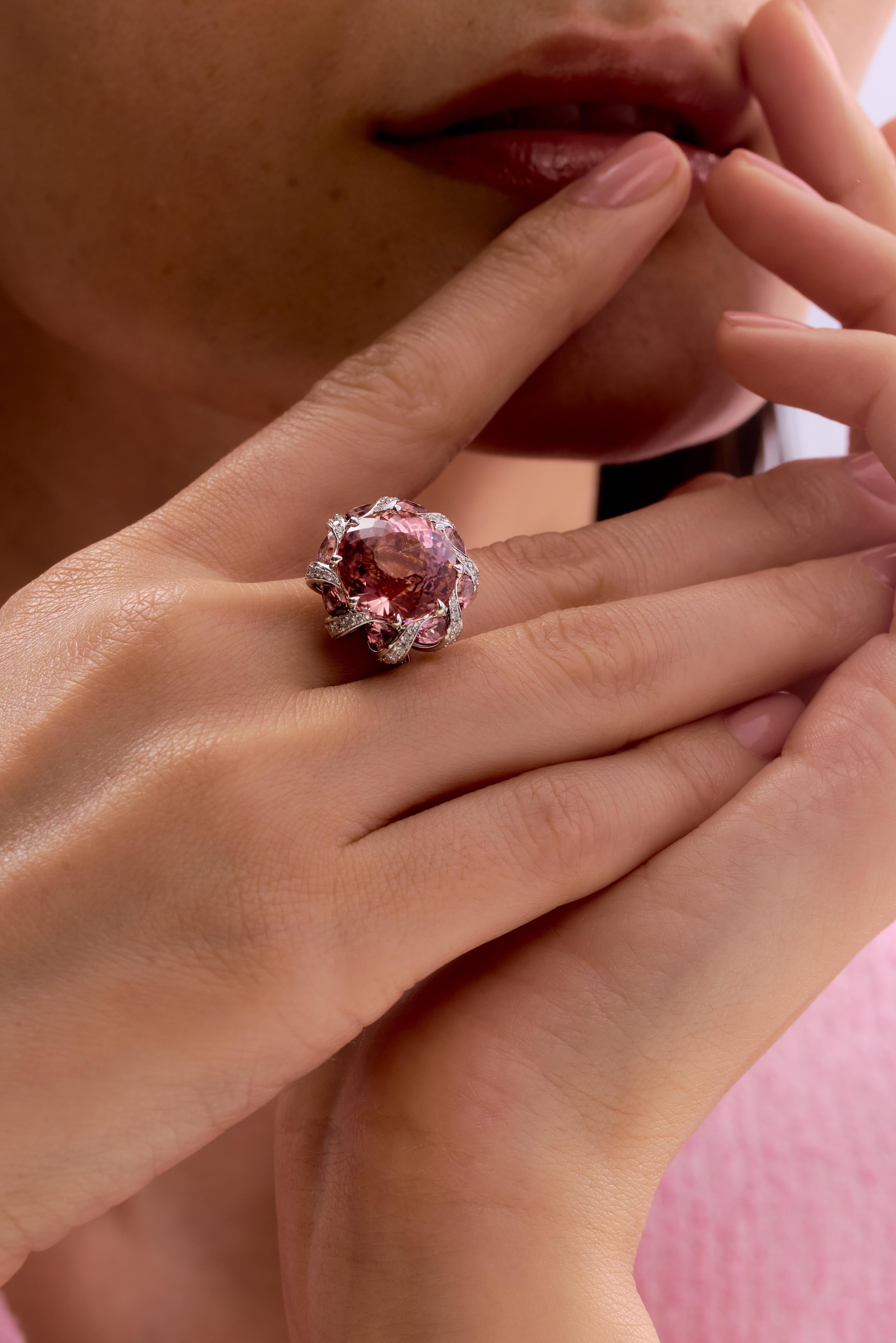 Pink Tourmaline, Enamel, Diamonds 18K White Gold Ring, R 0122-1