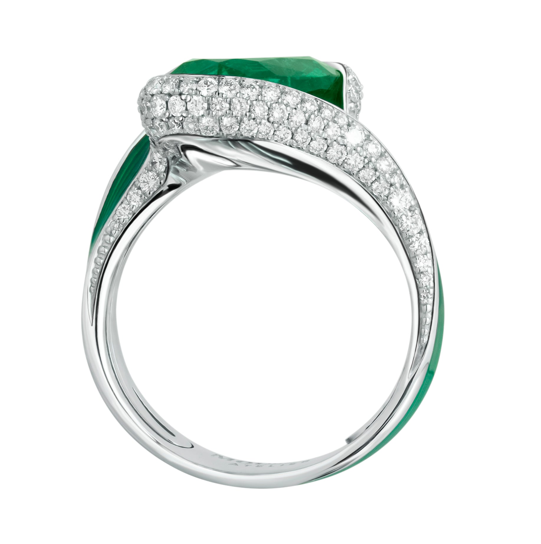 R 0123-0 18K White Gold, Enamel, Emerald, Diamonds Ring