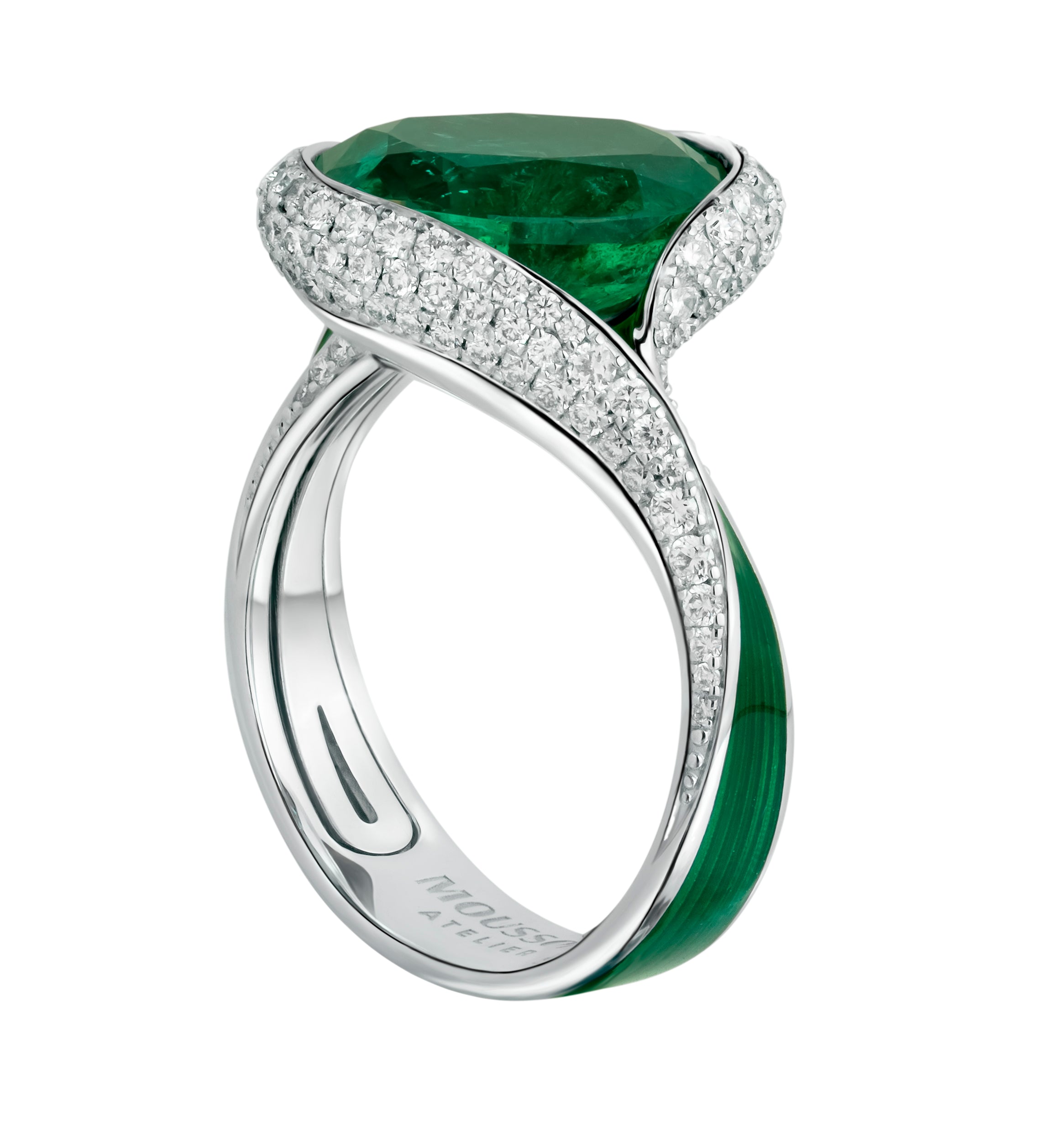 R 0123-0 18K White Gold, Enamel, Emerald, Diamonds Ring