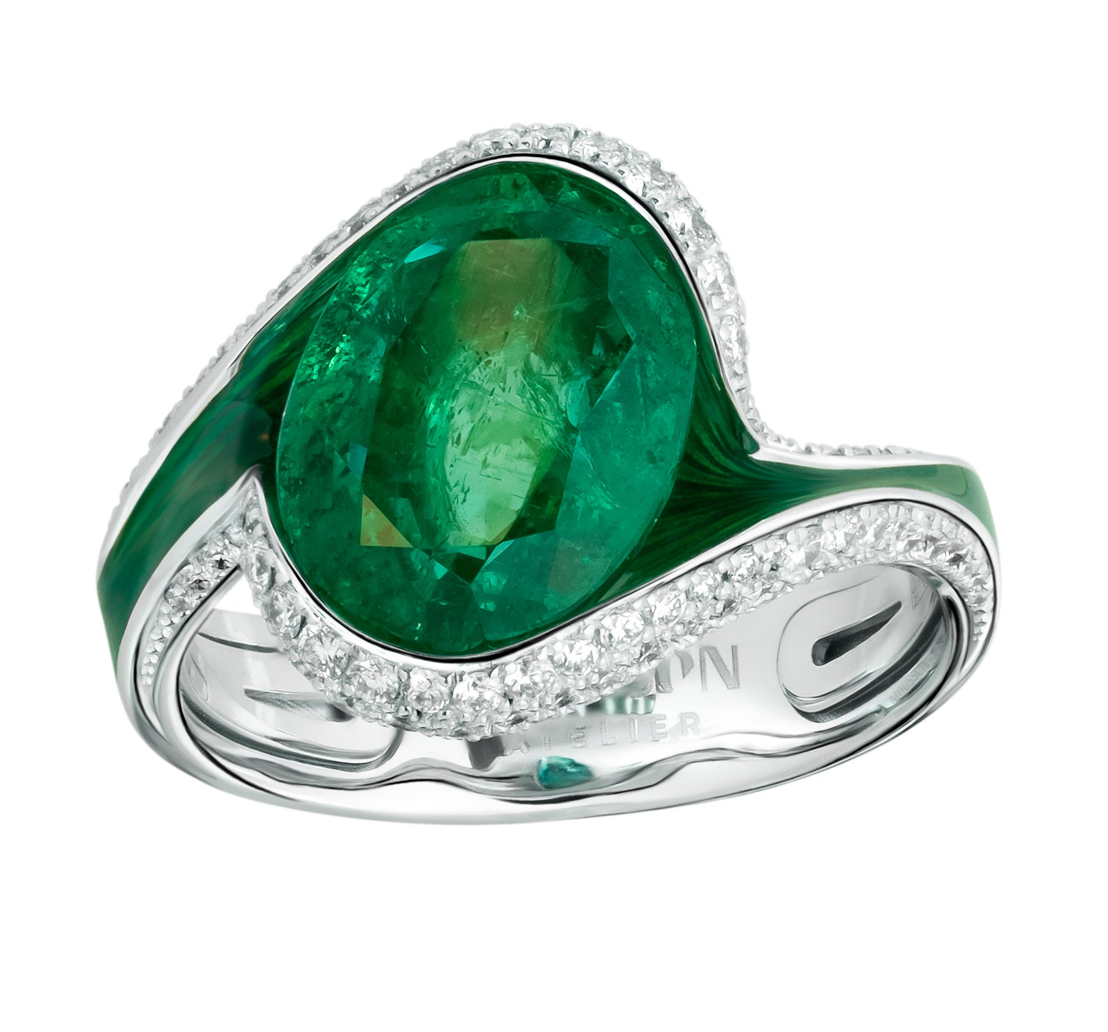 R 0123-0 18K White Gold, Enamel, Emerald, Diamonds Ring