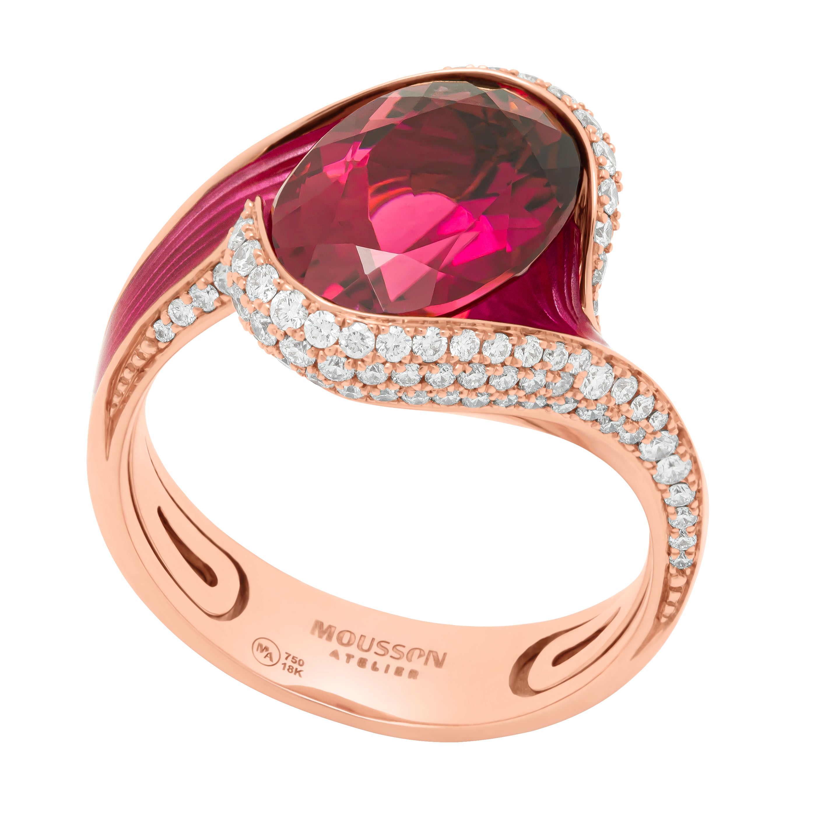 Rubellite, Diamonds  18K Rose Gold, Enamel Ring, R 0123-0