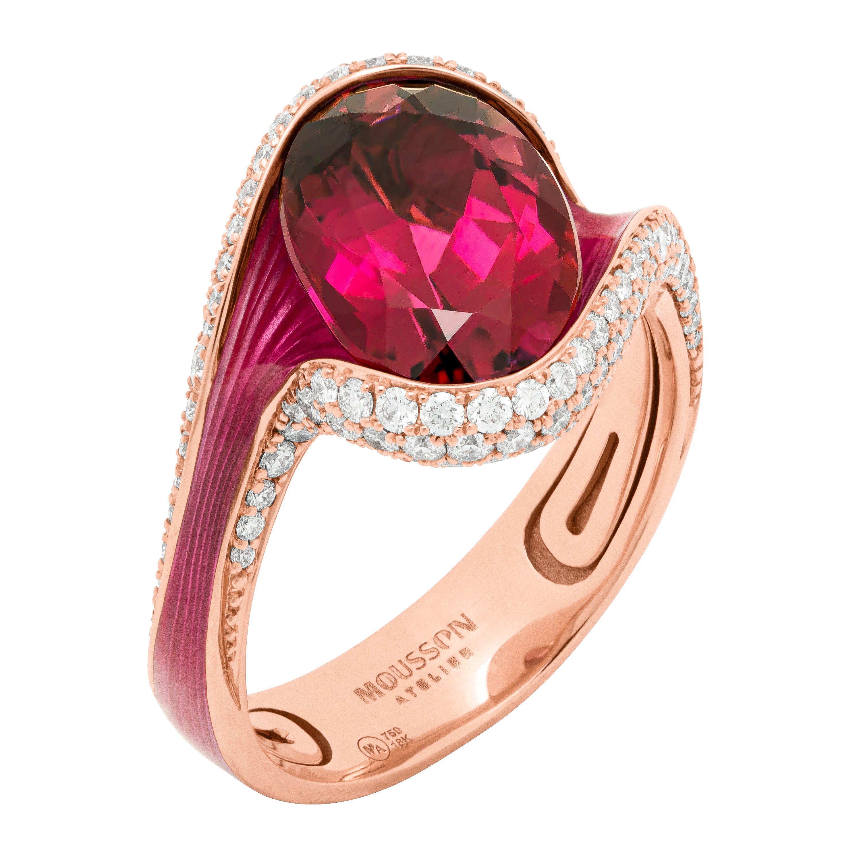 Rubellite, Diamonds  18K Rose Gold, Enamel Ring, R 0123-0