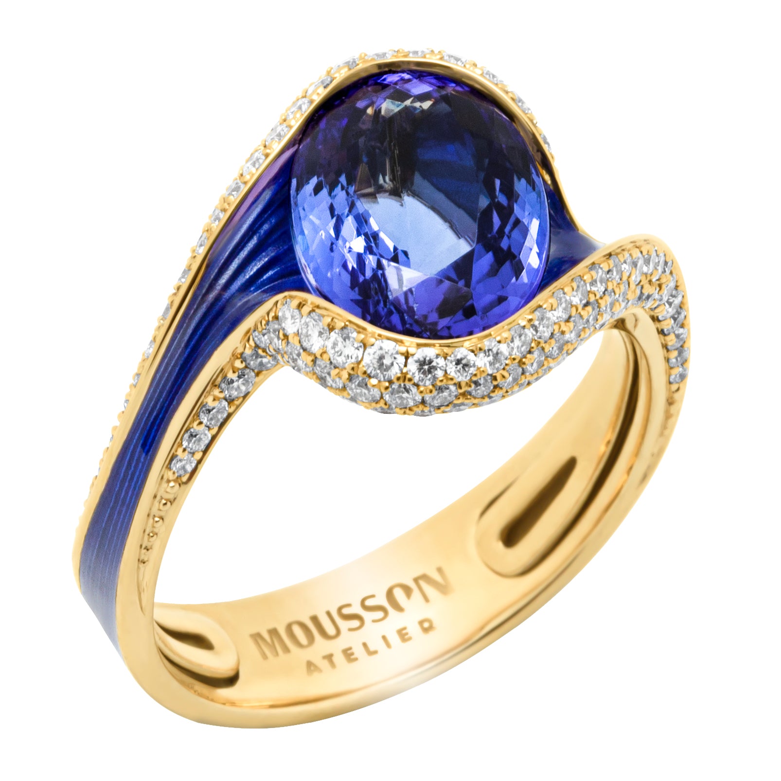 Tanzanite, Diamonds 18K Yellow Gold, Enamel Ring, R 0123-0