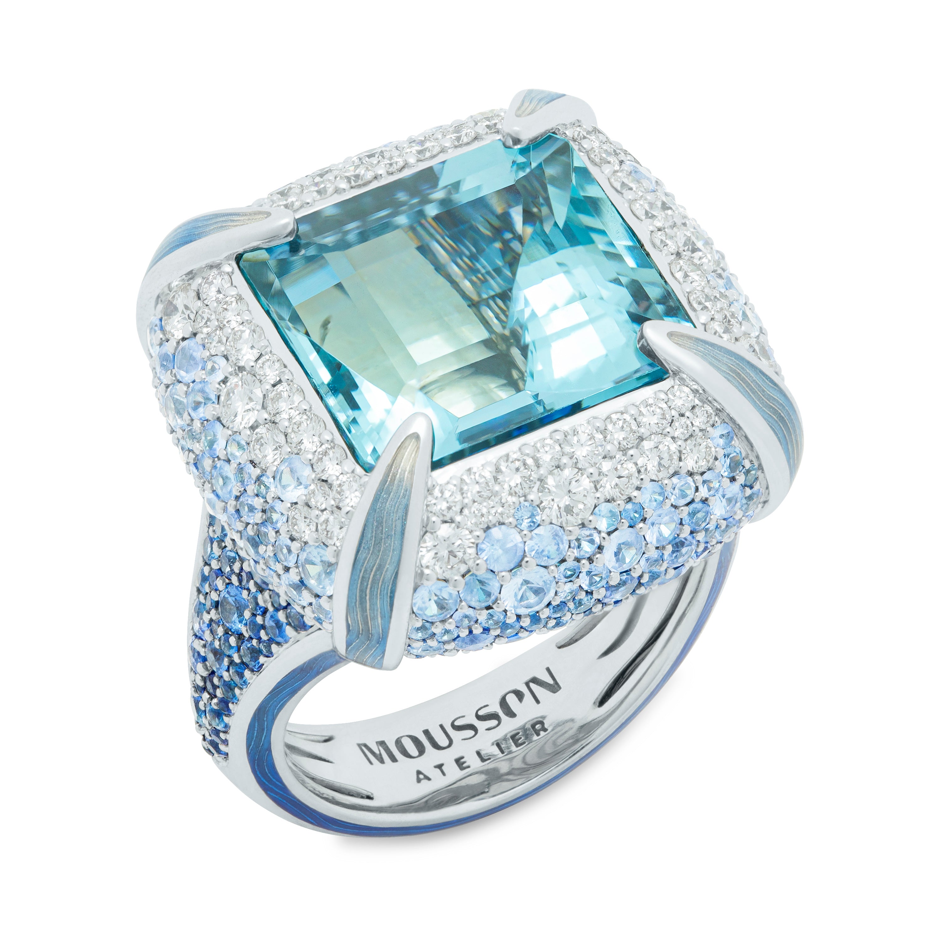 R 0127-1 18K White Gold, Enamel, Aquamarine, Sapphire, Diamonds Ring