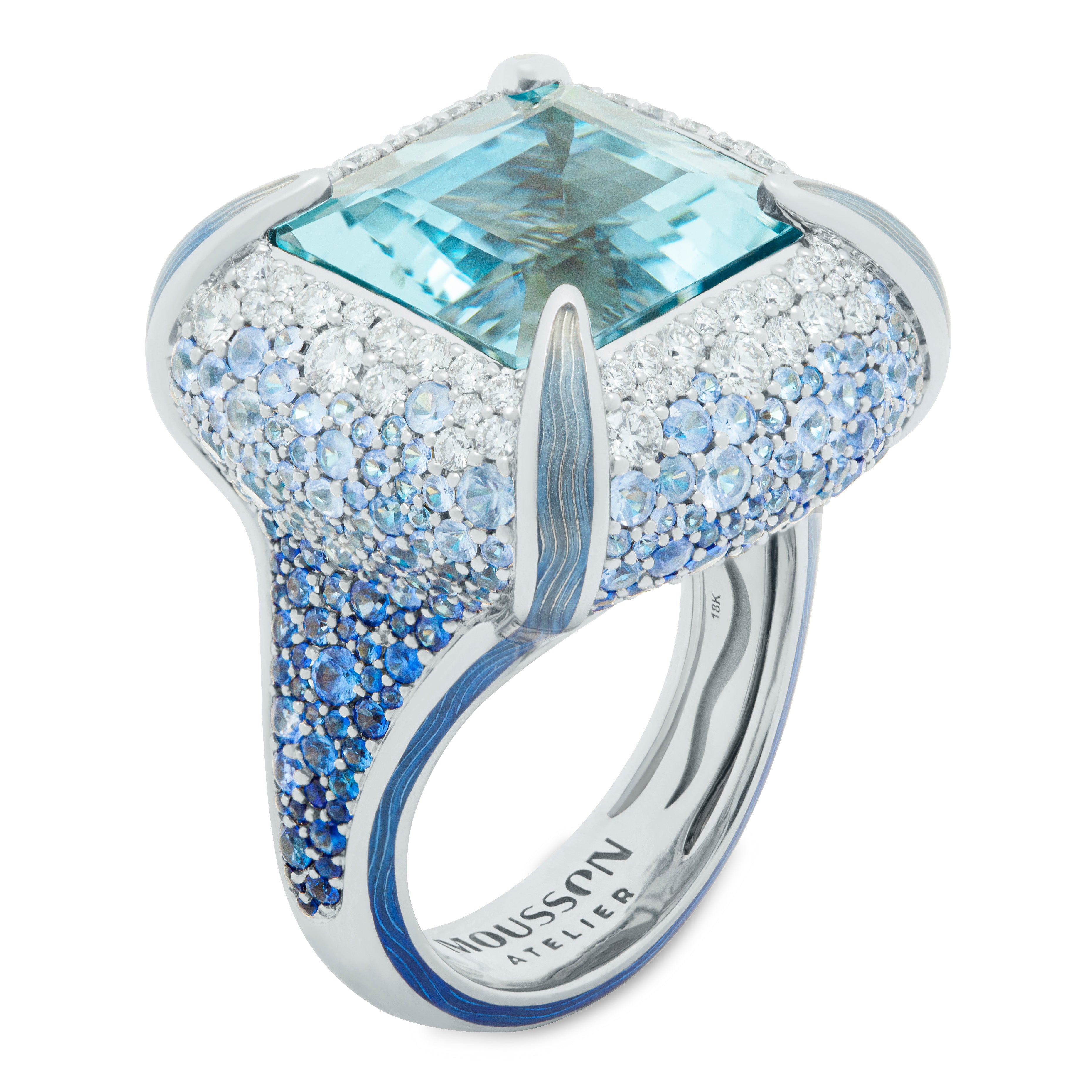 Aquamarine, Sapphire, Enamel, Diamonds 18K White Gold, Ring, R 0127-1