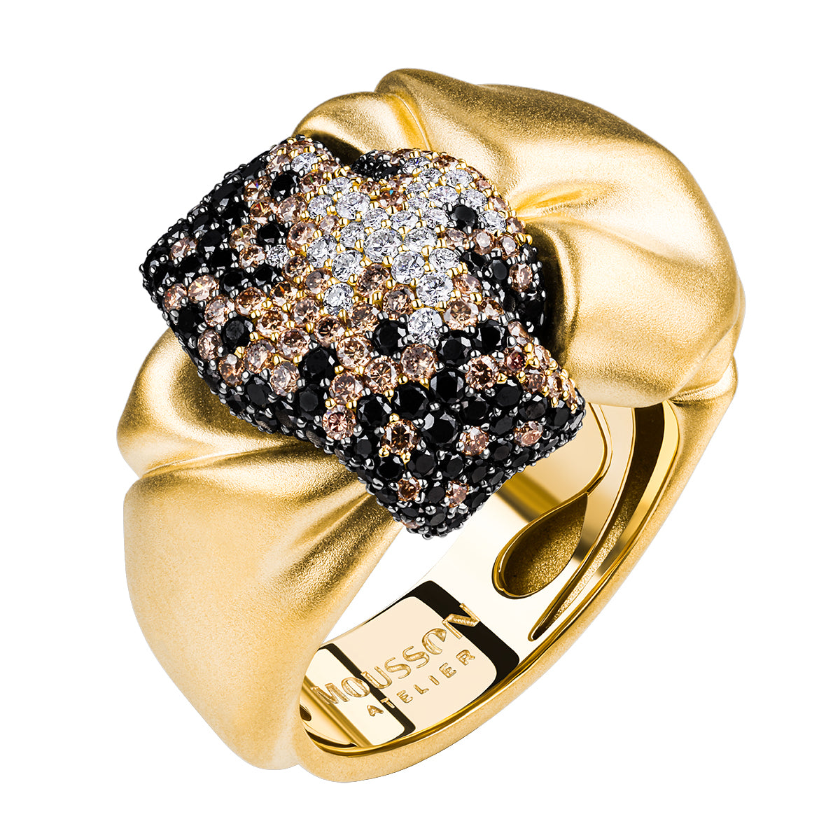 White, Champagne and Black Diamonds 18K Yellow Gold Ring, R 0132-2