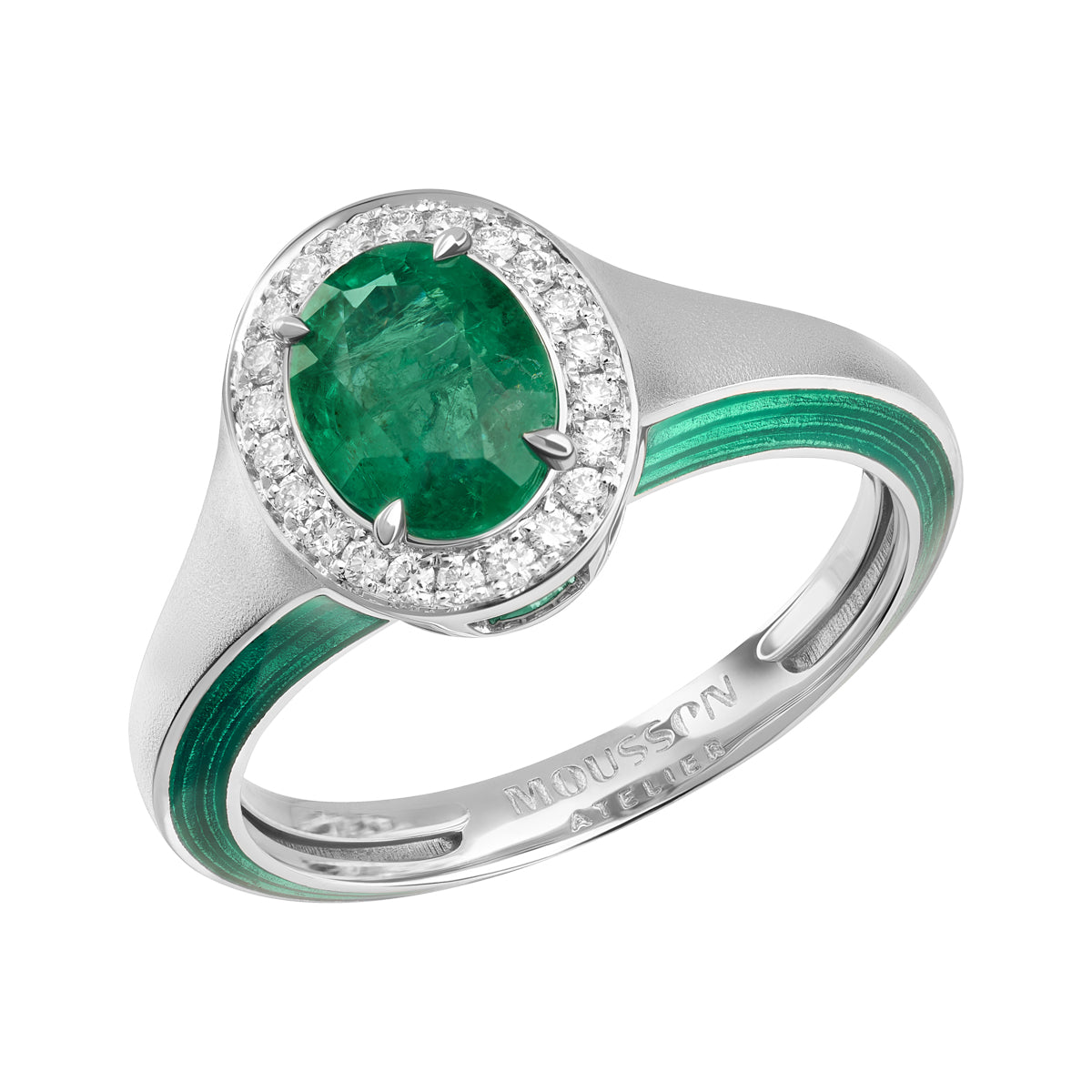 Emerald, Diamonds, Enamel 18K White Gold Ring, R 0143-0