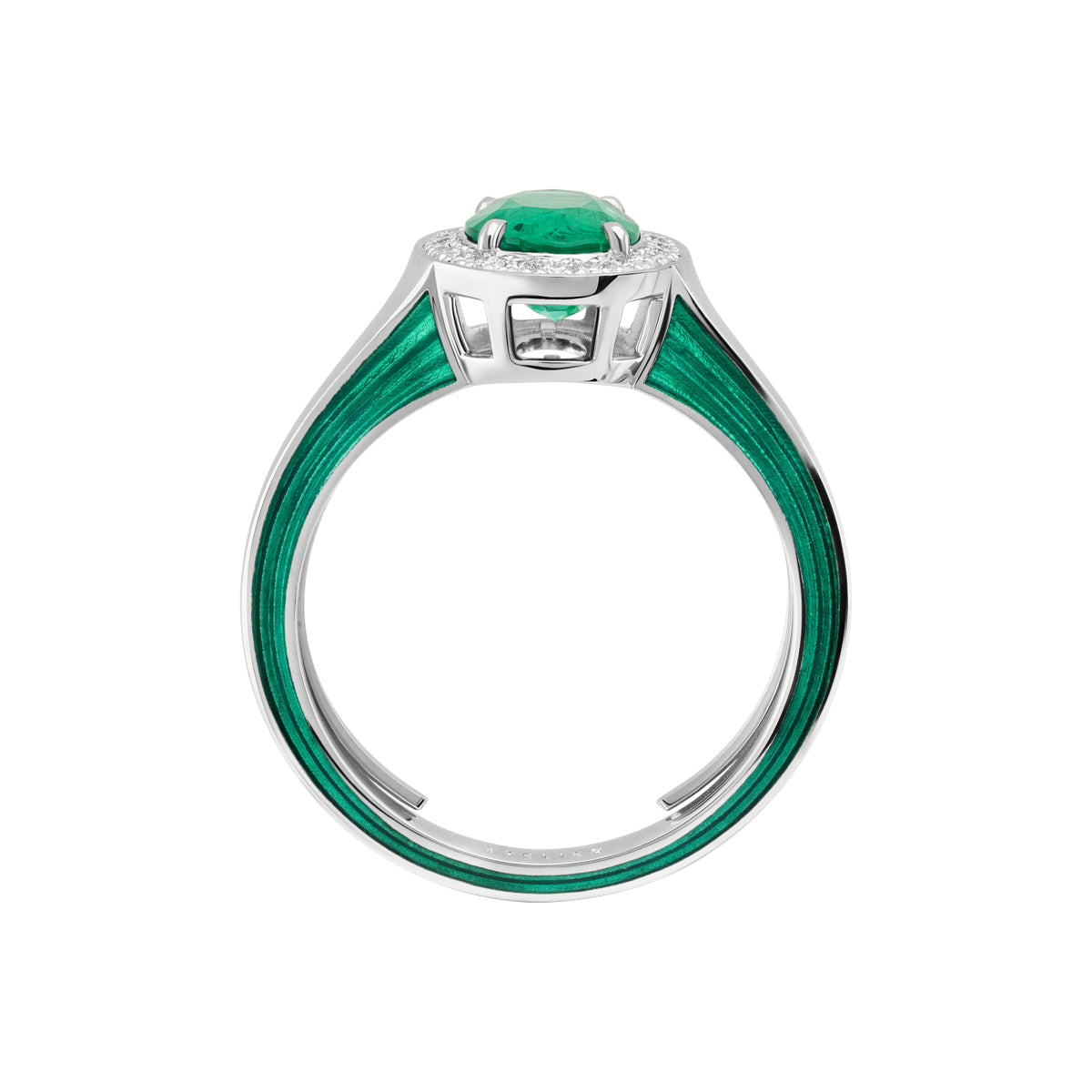 Emerald, Diamonds, Enamel 18K White Gold Ring, R 0143-0