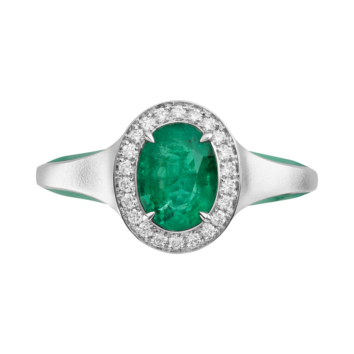 Emerald, Diamonds, Enamel 18K White Gold Ring, R 0143-0