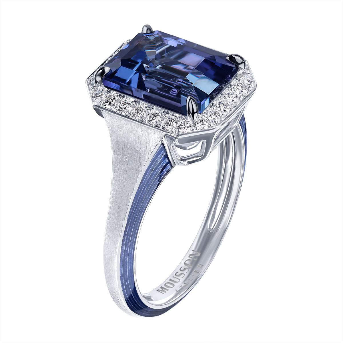 Tanzanite, Diamonds, 18K White Gold, Enamel Ring, R 0143-11