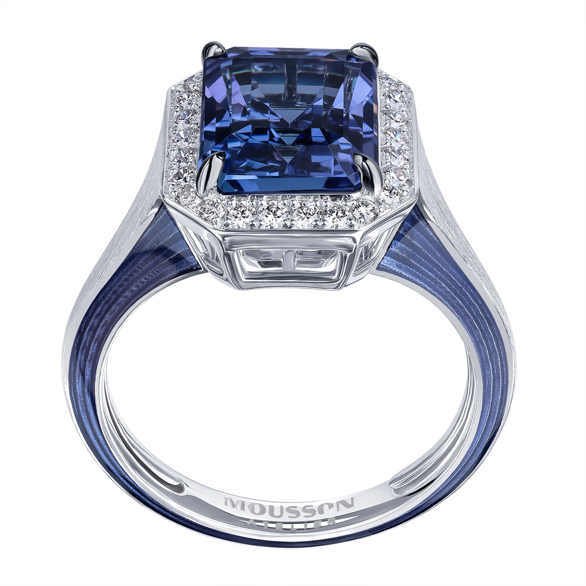 Tanzanite, Diamonds, 18K White Gold, Enamel Ring, R 0143-11