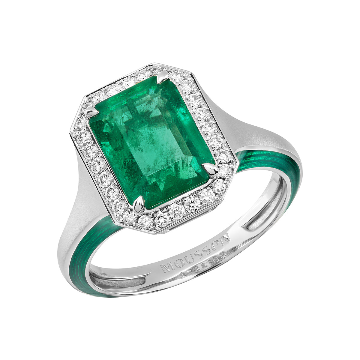 Emerald, Diamonds, Enamel 18K White Gold Ring, R 0143-11