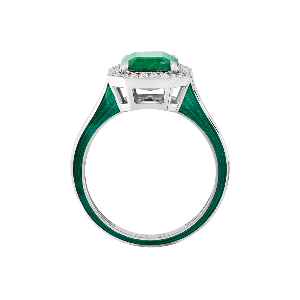 Emerald, Diamonds, Enamel 18K White Gold Ring, R 0143-11