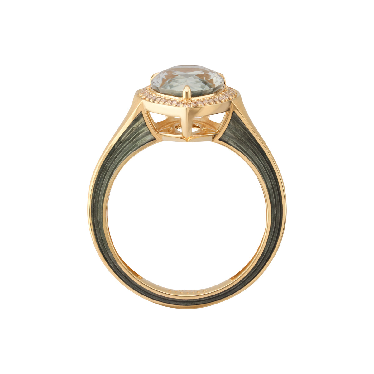 Green Amethyst, Champagne Diamonds, Enamel 18K Yellow Gold Ring, R 0143-21