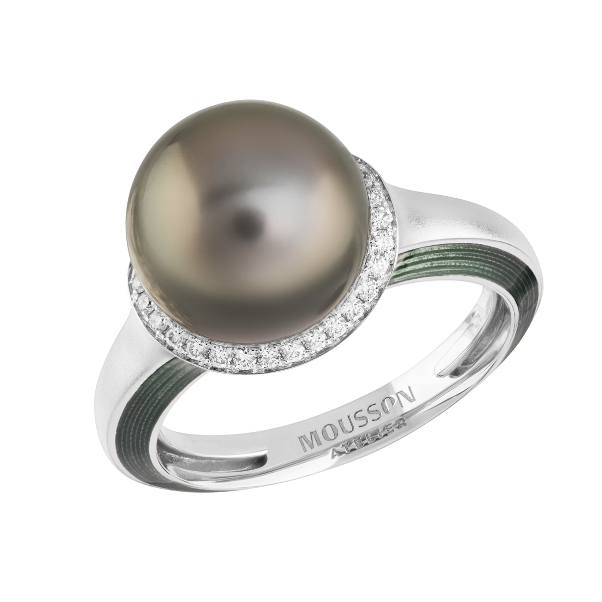 Tahiti Pearl, Diamonds, Enamel 18K White Gold Ring, R 0143-4
