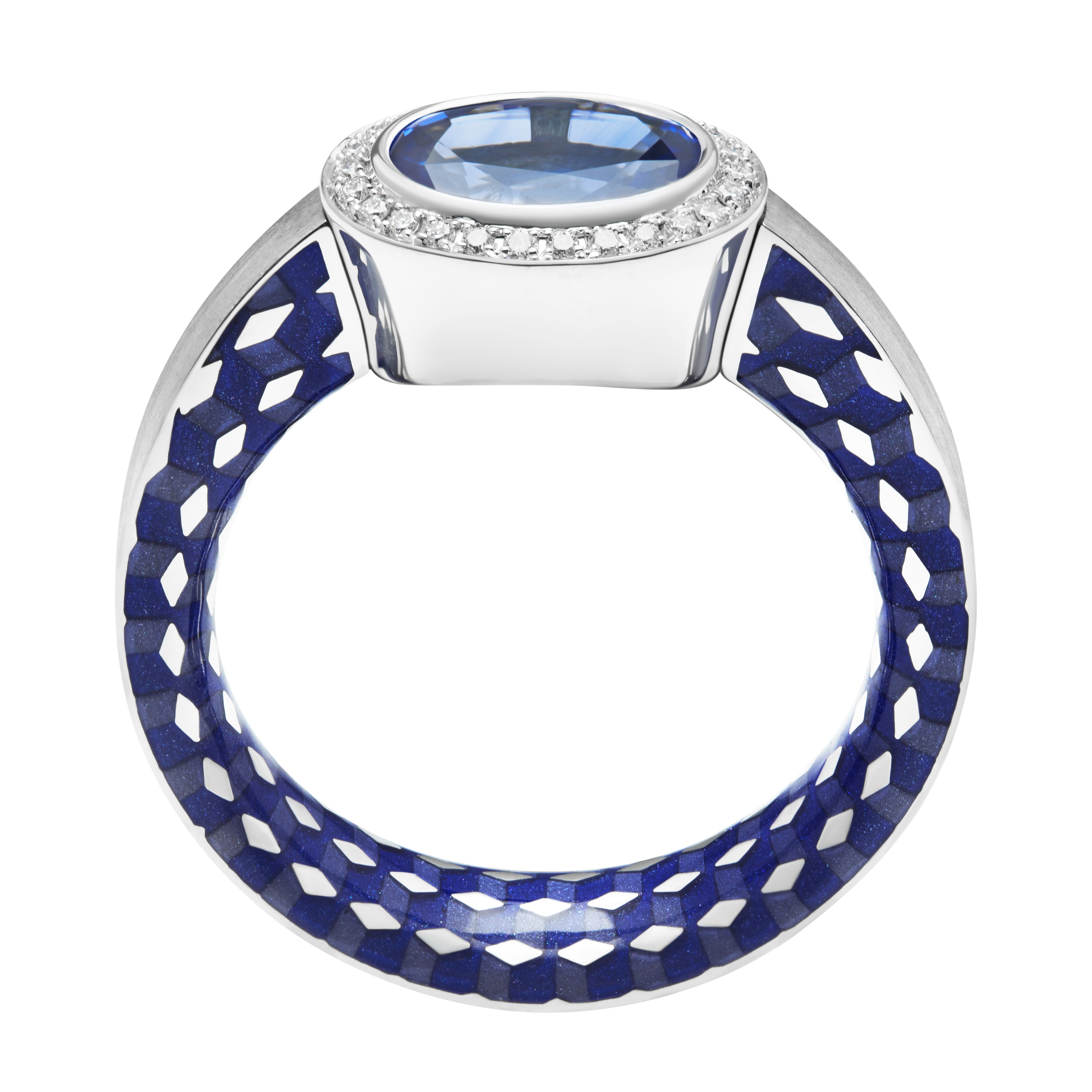 18K White Gold, Sapphire, Diamonds Enamel Ring