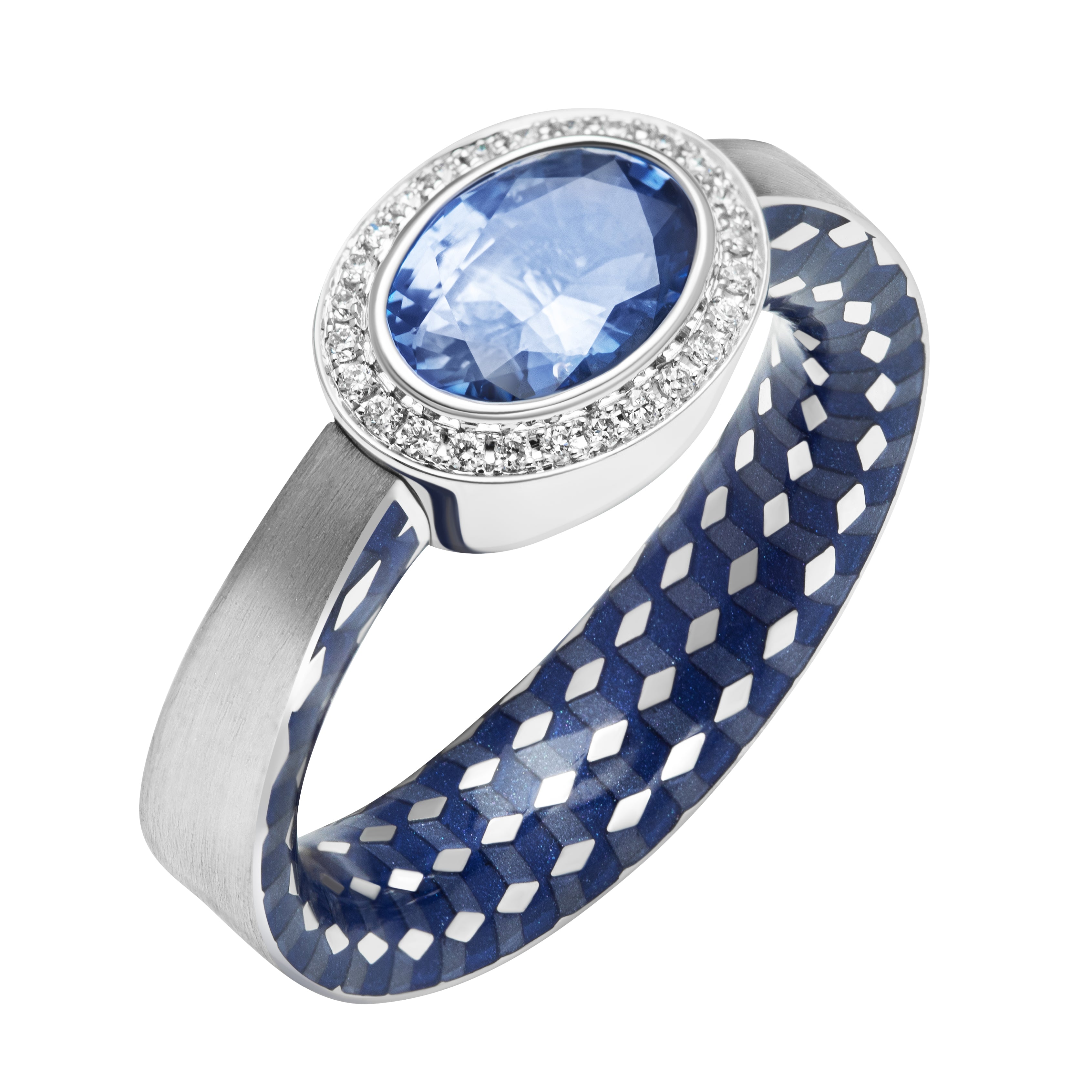 Sapphire, Diamonds 18K White Gold Enamel Ring, R0177-70