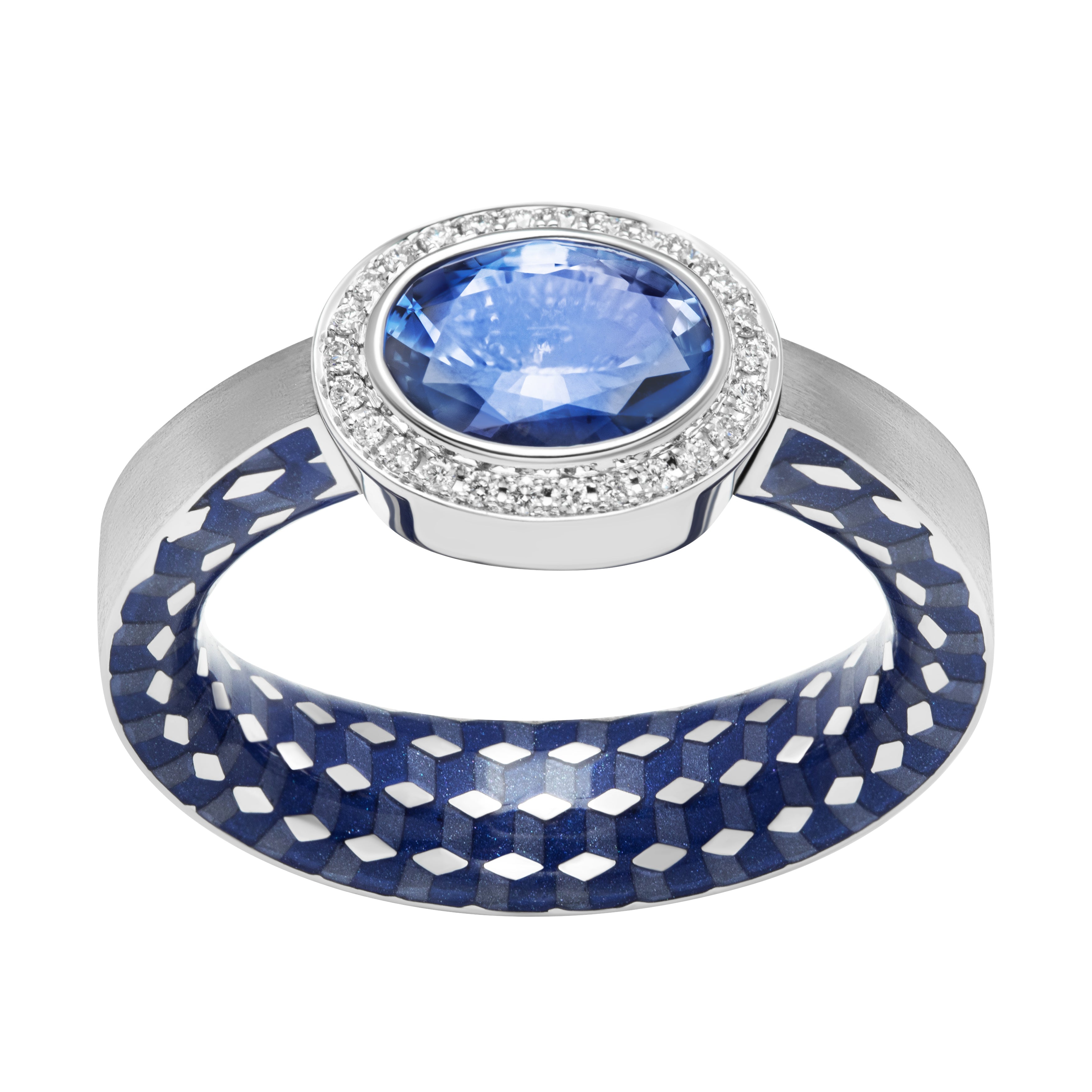 Sapphire, Diamonds 18K White Gold Enamel Ring, R0177-70