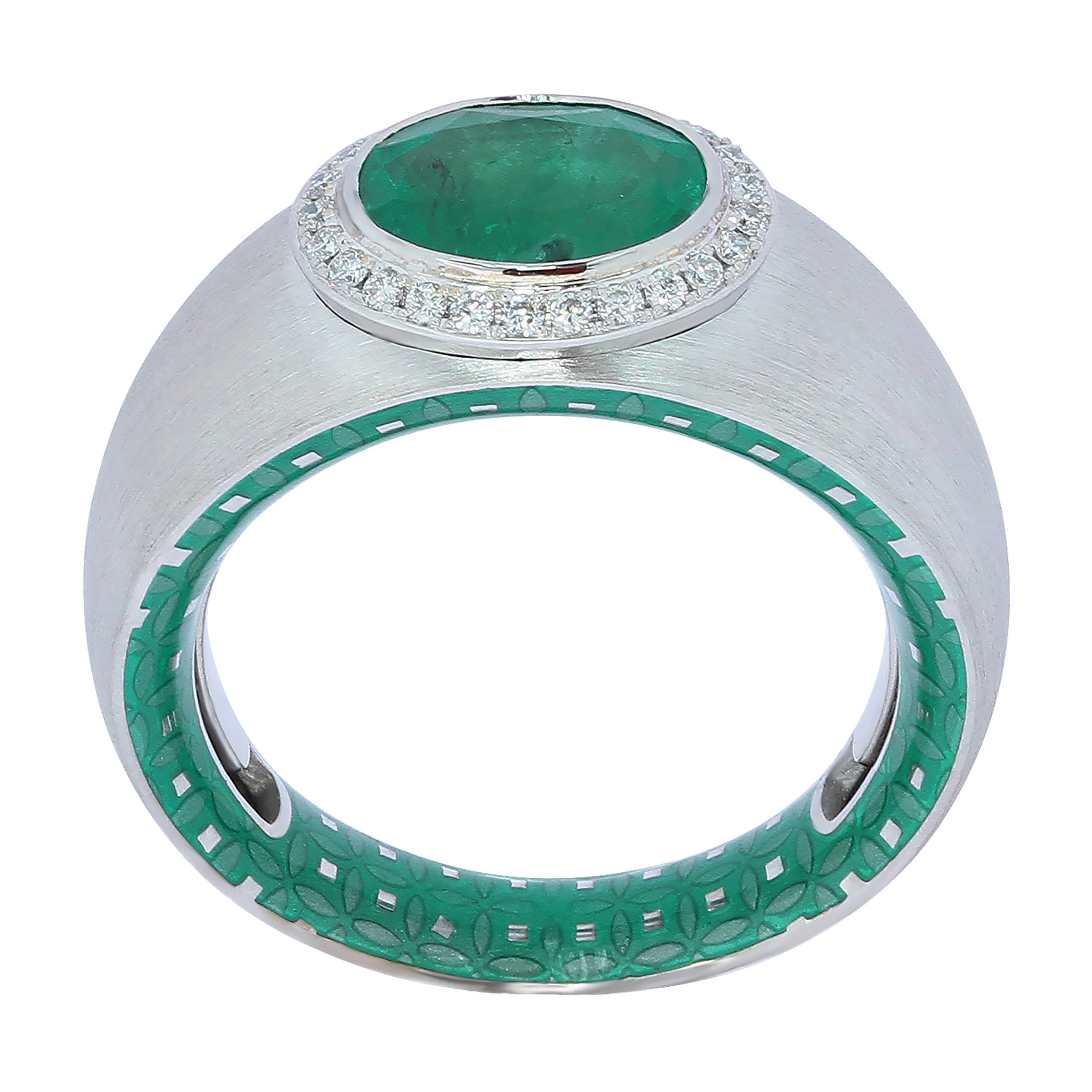 Emerald, Diamonds 18K White Gold Enamel Ring, R 0177-92