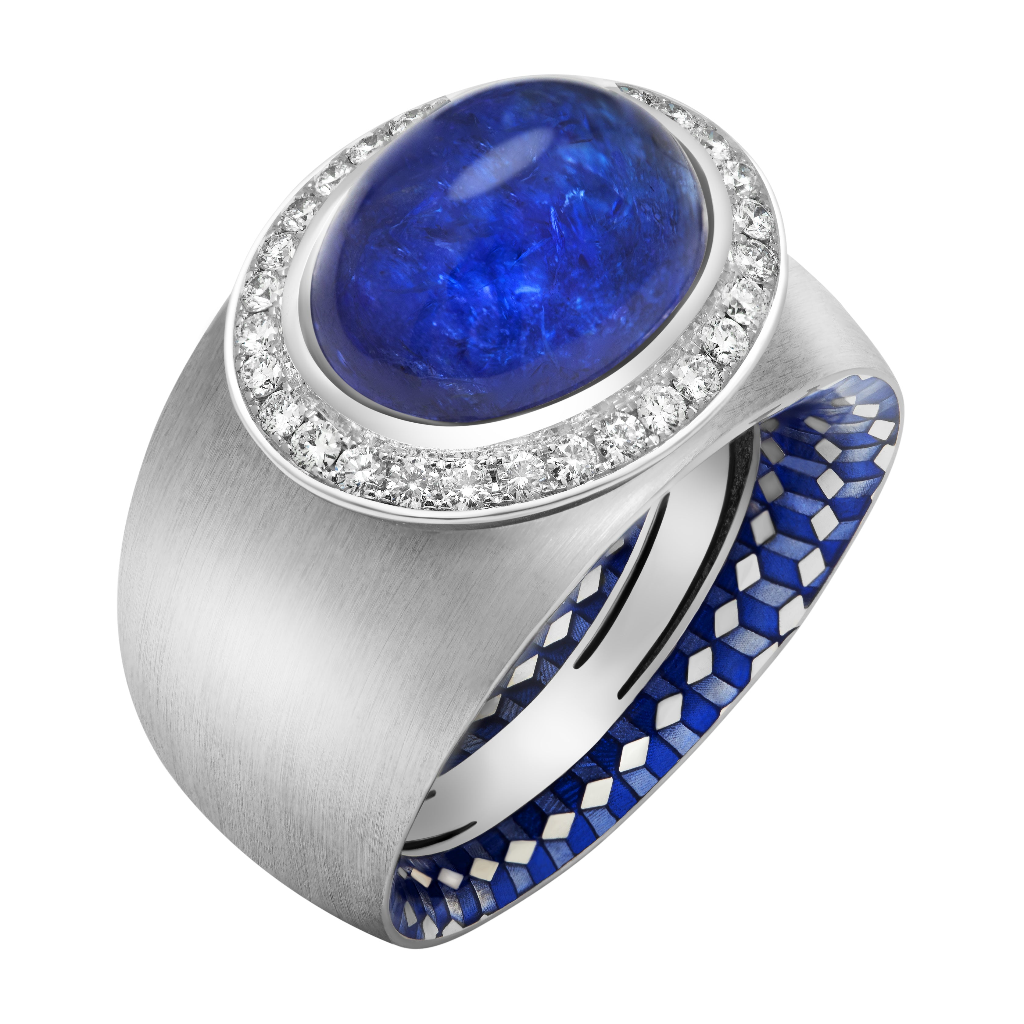 Enamel, Tanzanite, Diamonds 18K White Gold Ring, R 0178-60/1