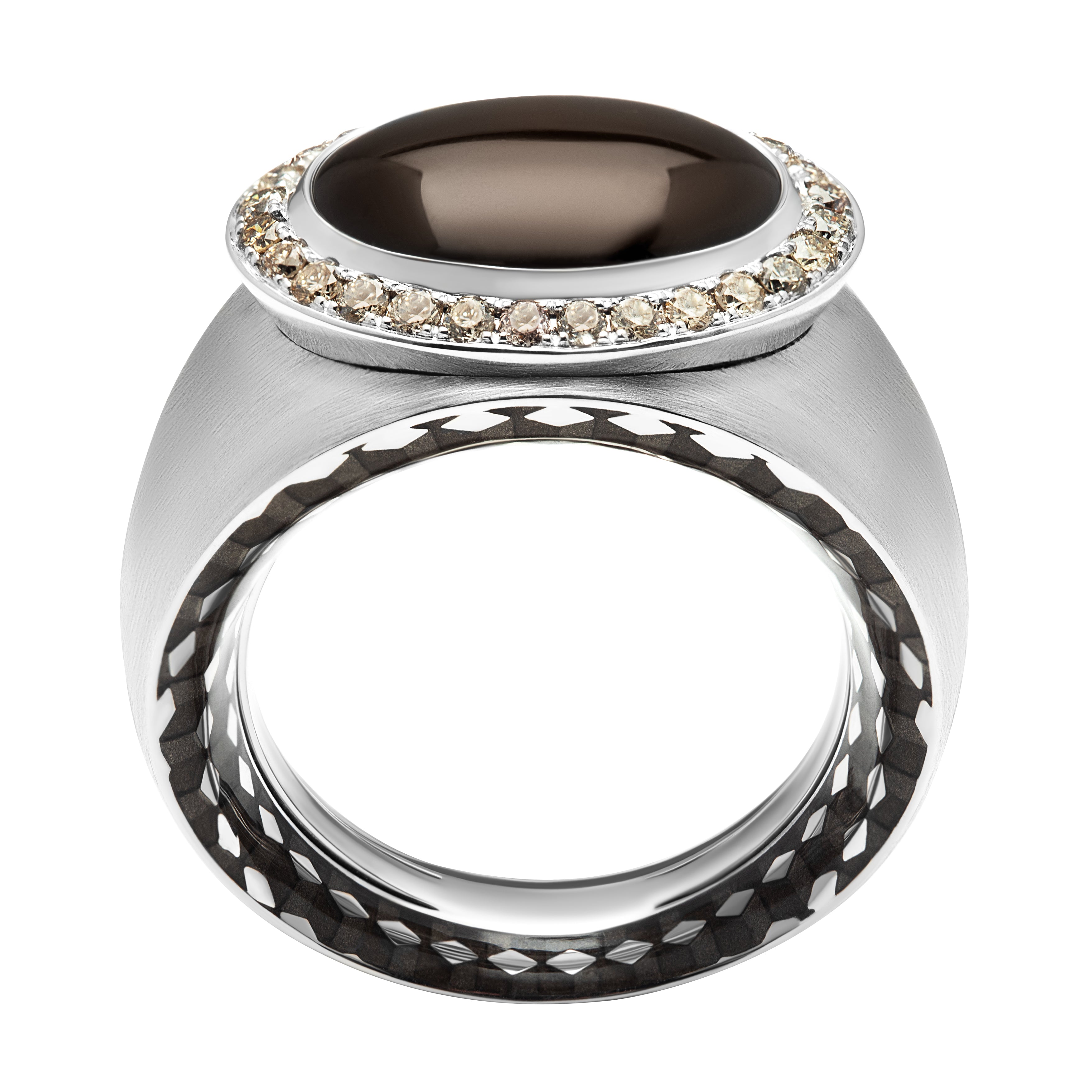 R 0178-60, 18K White Gold, Enamel, Smoky Quartz, Champagne Diamonds Ring