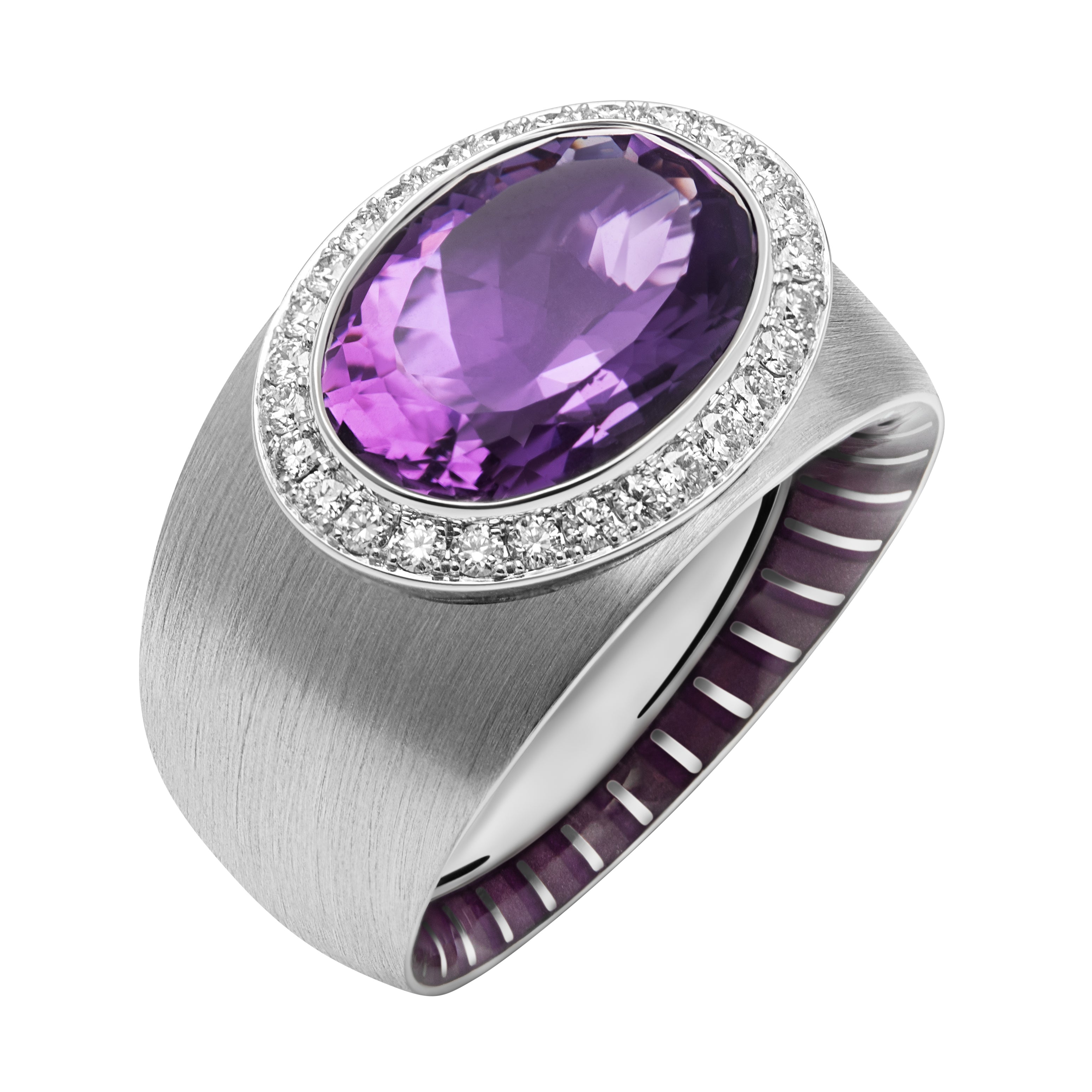 Enamel, Amethyst, Diamonds 18K White Gold Ring, R 0178-61
