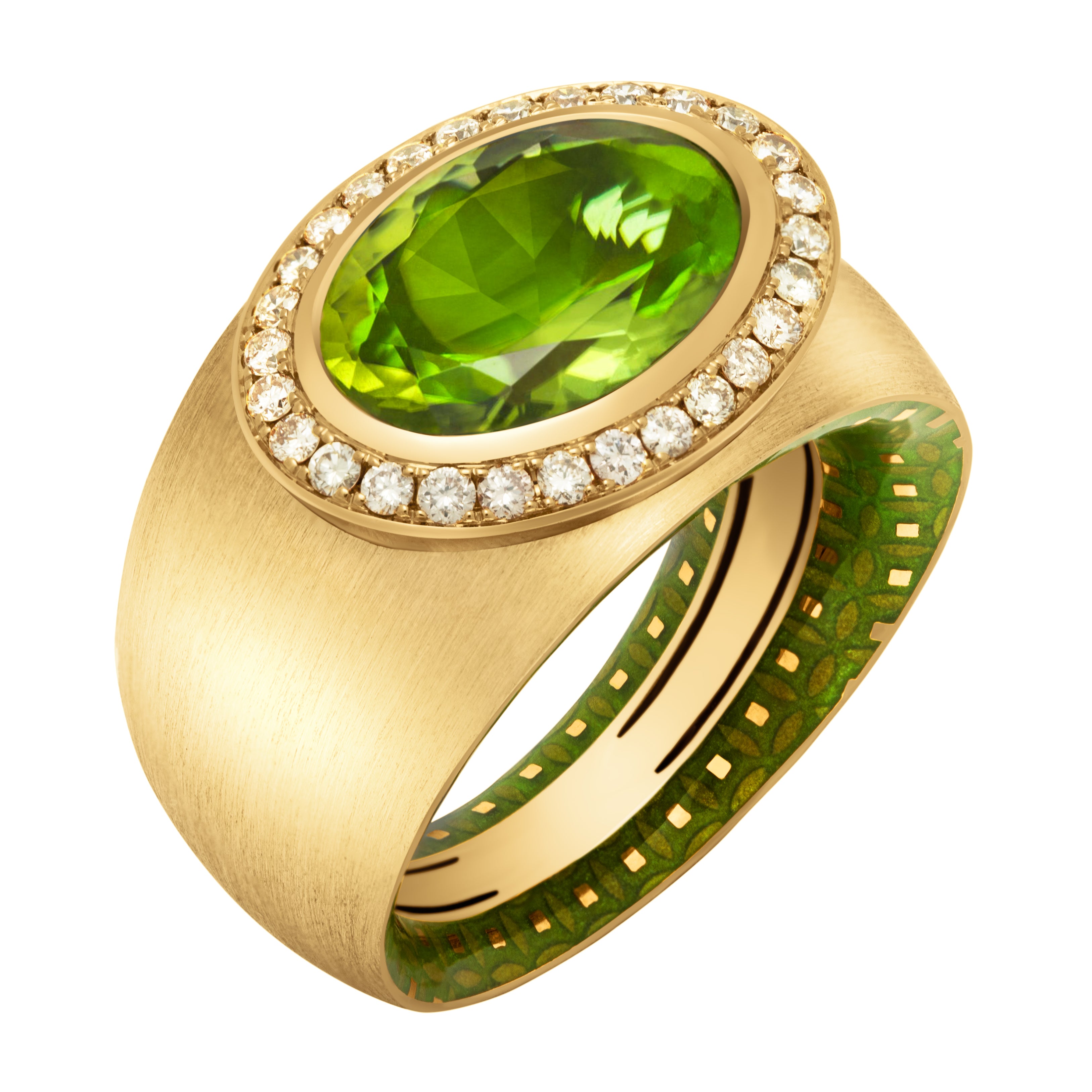 Enamel, Peridot, Champagne Diamonds 18K Yellow Gold Ring, R 0178-62