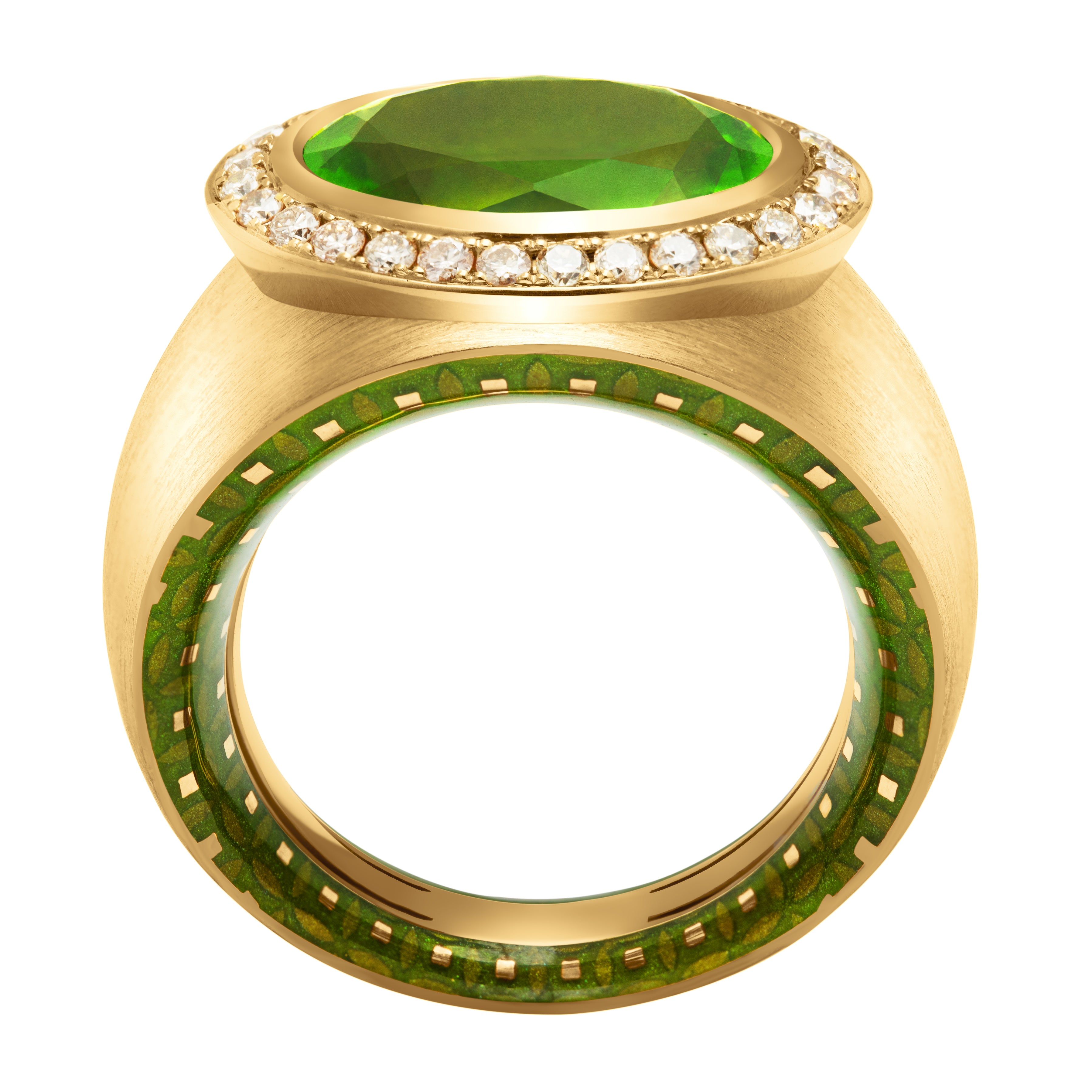 Enamel, Peridot, Champagne Diamonds 18K Yellow Gold Ring, R 0178-62