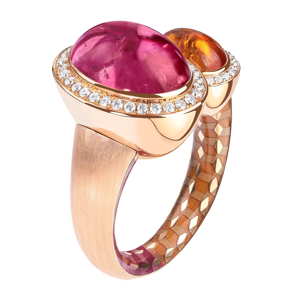 Rubellite, Spessartine, Diamonds, Enamel 18K Rose Gold Ring, R 0178-90