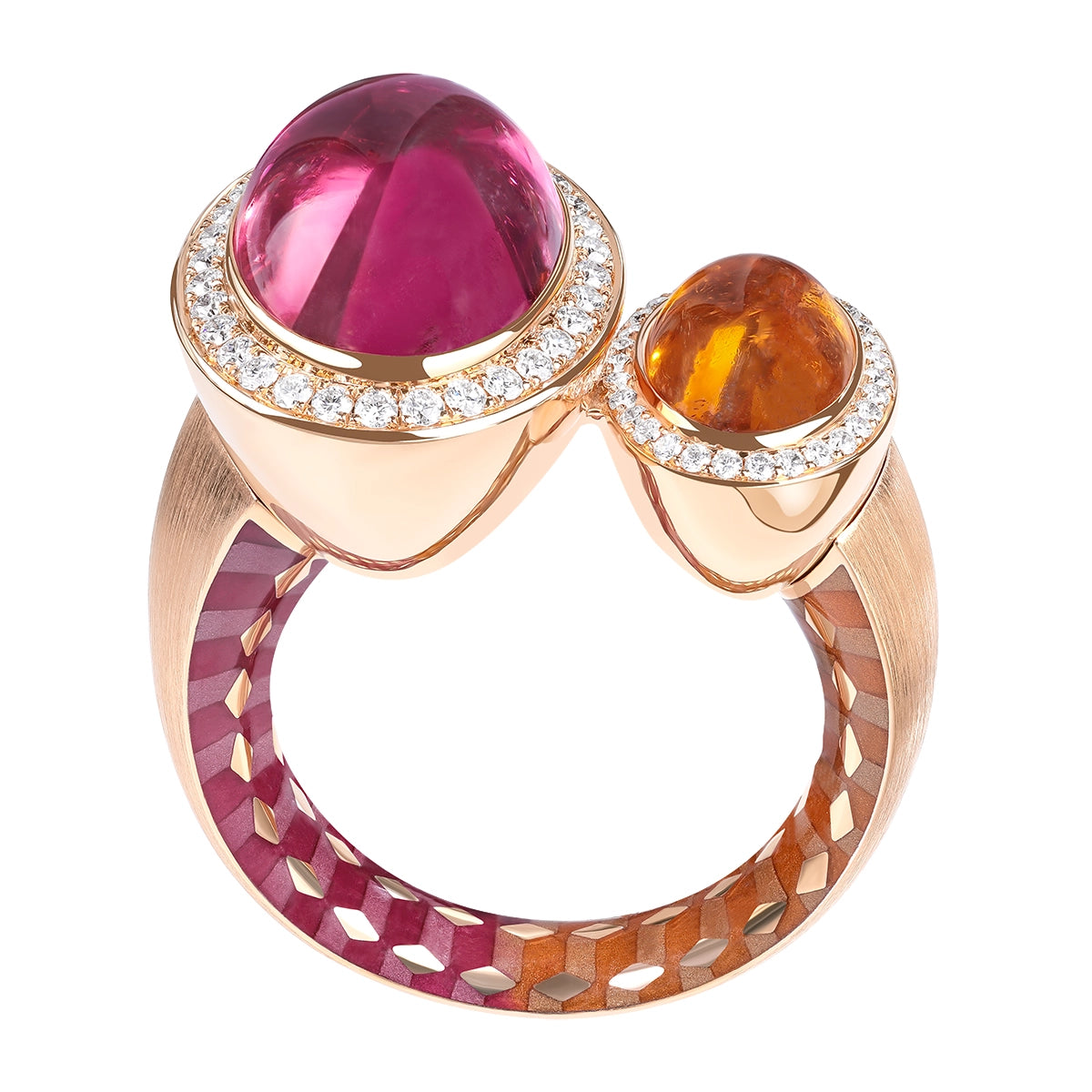 Rubellite, Spessartine, Diamonds, Enamel 18K Rose Gold Ring, R 0178-90