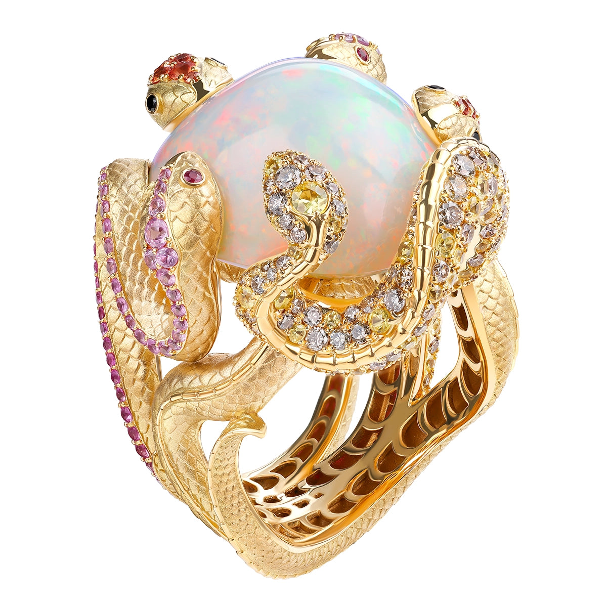 Opal Diamonds Rubies Sapphires 18K Yellow Gold Snake Ring, R 0188-2