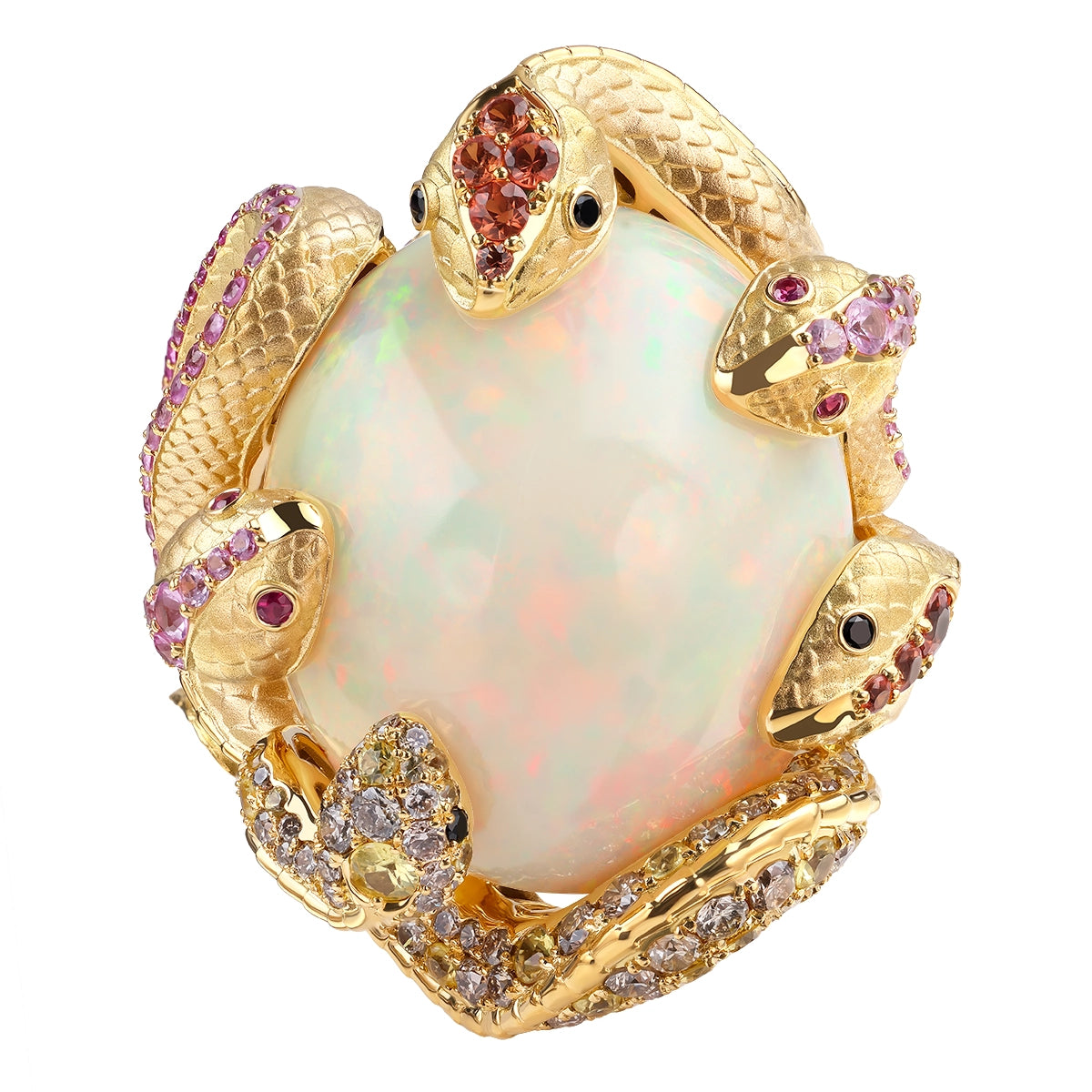 Opal Diamonds Rubies Sapphires 18K Yellow Gold Snake Ring, R 0188-2