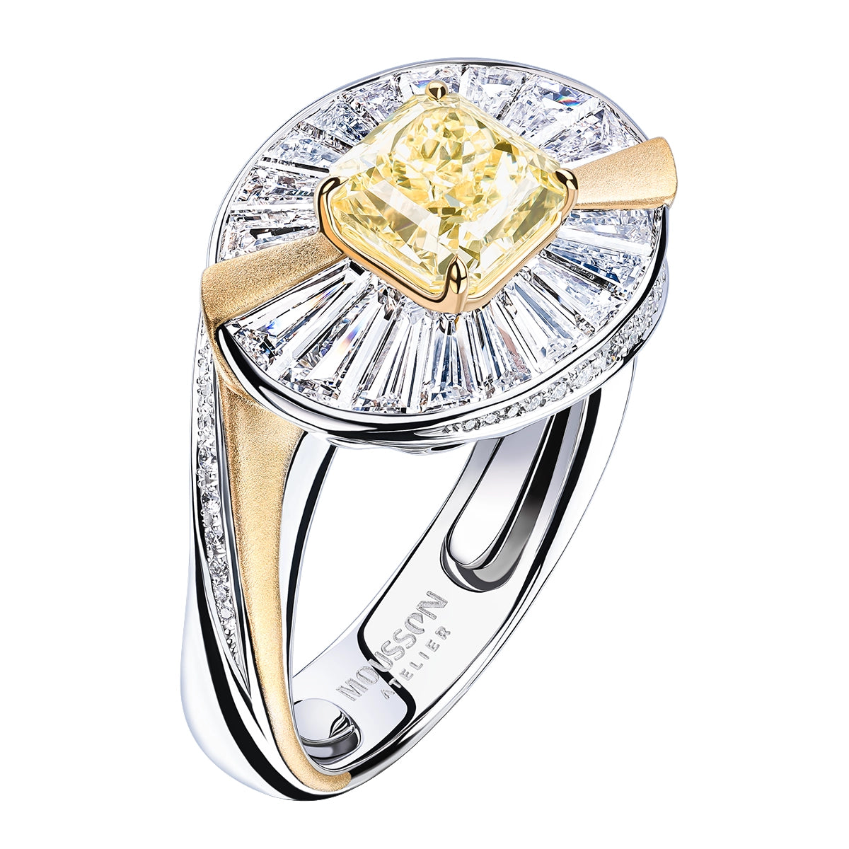 Luxury ring with yellow diamond and diamond-studded band in white and yellow gold