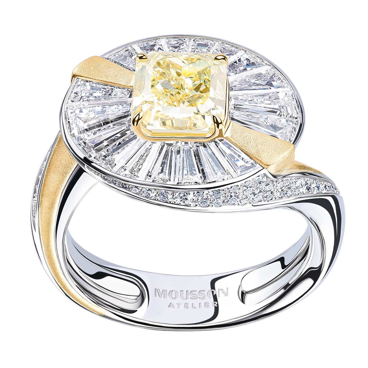 Luxury ring with yellow diamond and diamond-studded band in white and yellow gold