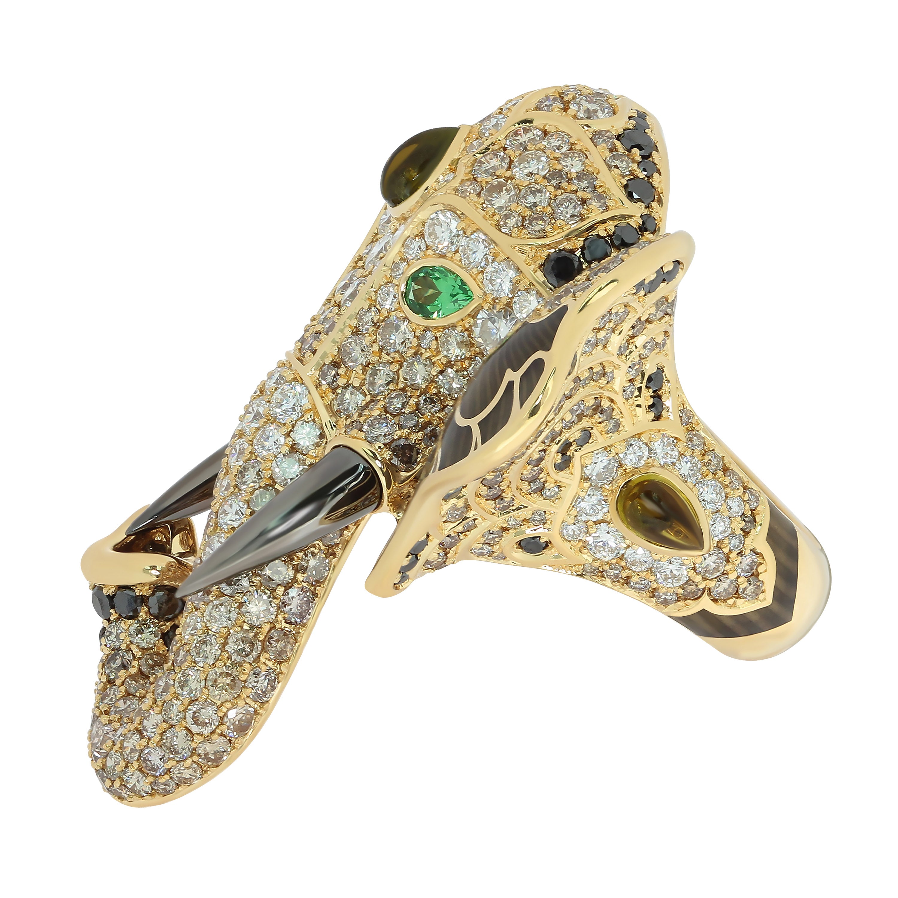 Diamonds, Tsavorites Enamel 18K Yellow Gold Elephant Ring, R 0239-1
