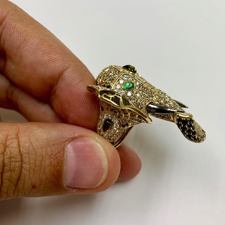 Diamonds, Tsavorites Enamel 18K Yellow Gold Elephant Ring, R 0239-1