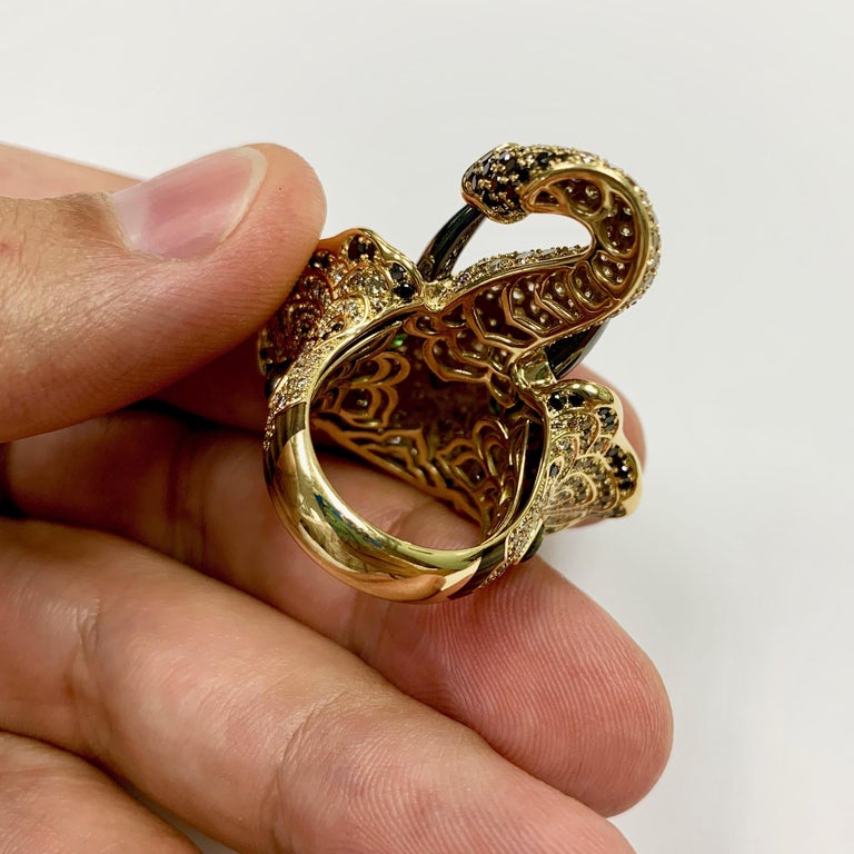Diamonds, Tsavorites Enamel 18K Yellow Gold Elephant Ring, R 0239-1