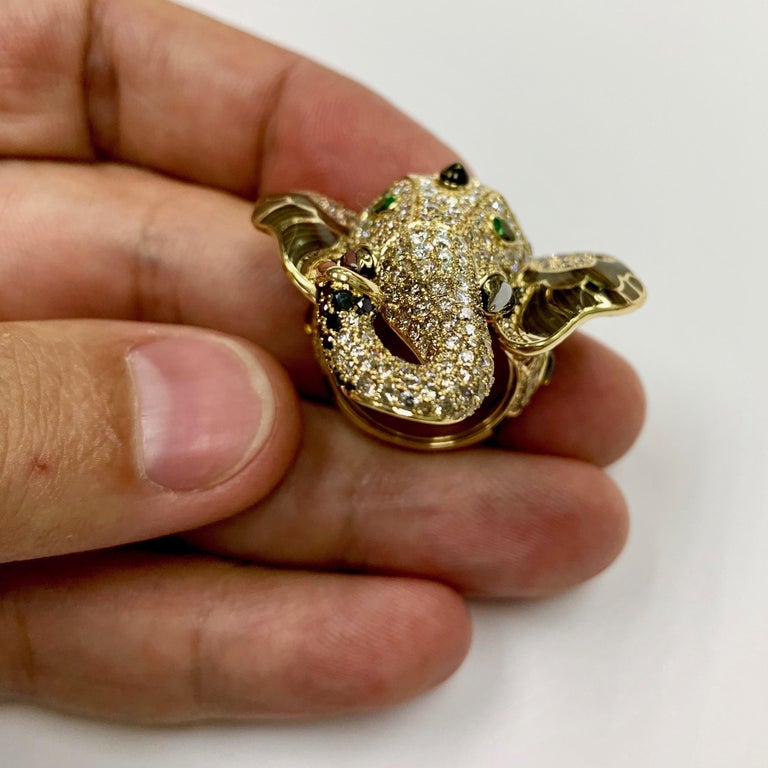 Diamonds, Tsavorites Enamel 18K Yellow Gold Elephant Ring, R 0239-1