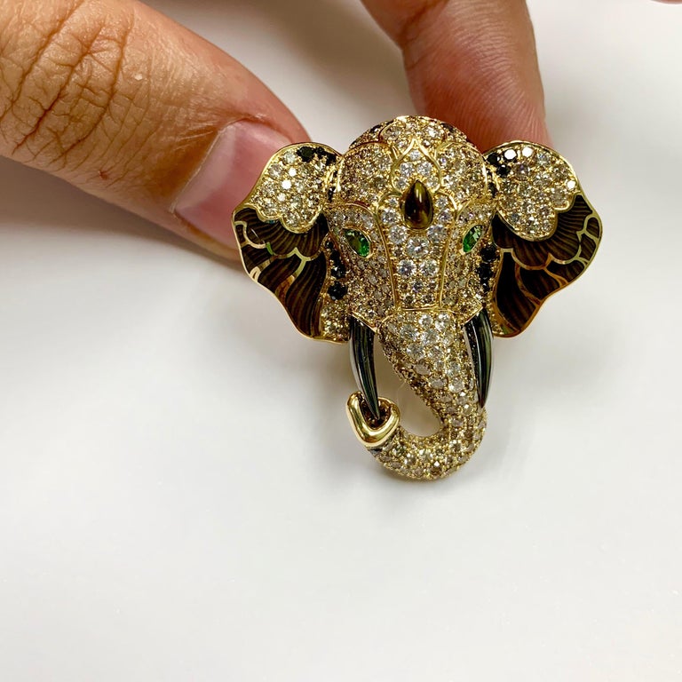Diamonds, Tsavorites Enamel 18K Yellow Gold Elephant Ring, R 0239-1