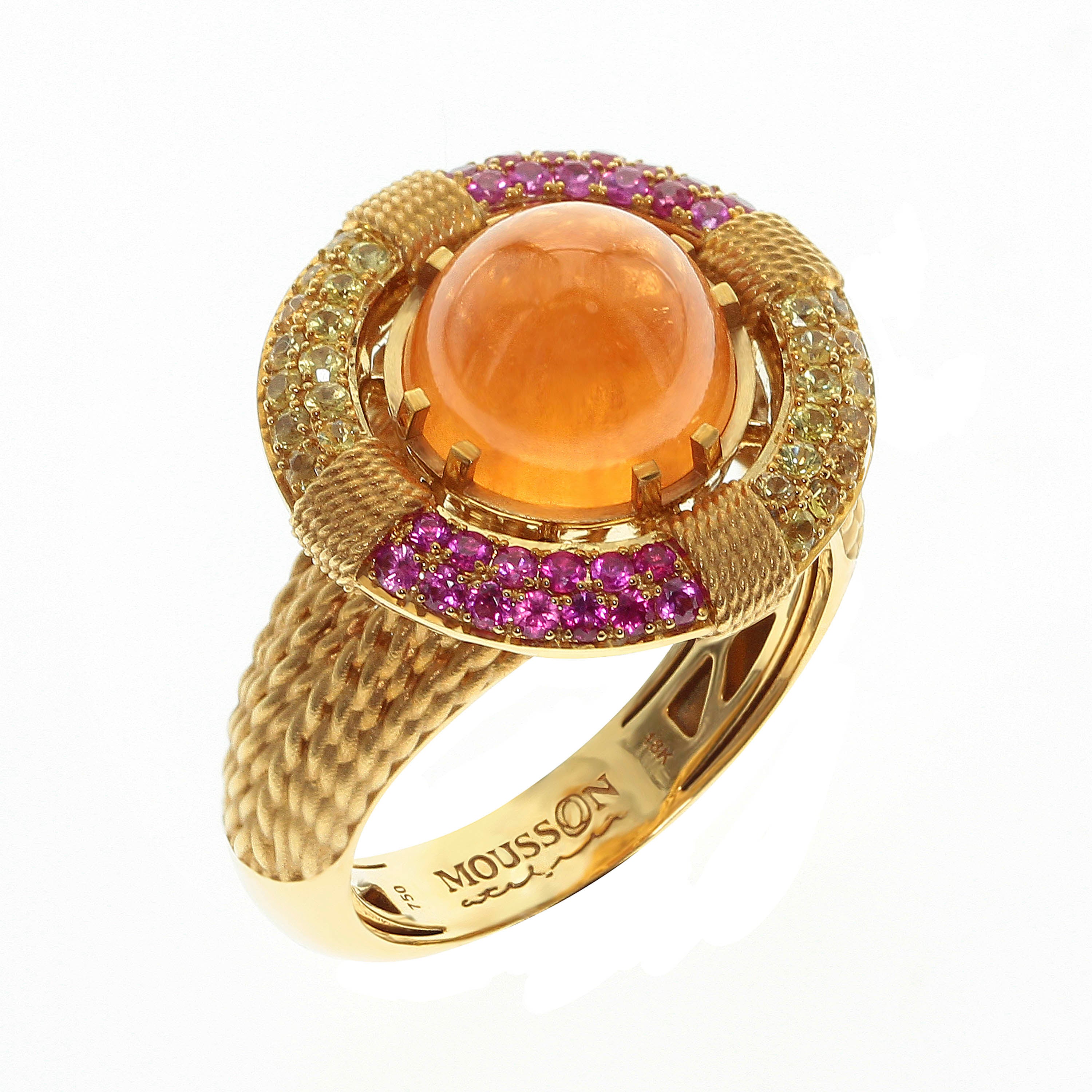 R 0293-0, 18K Yellow Gold, Spessartine Garnet, Pink and Yellow Sapphires Lifebuoy Ring