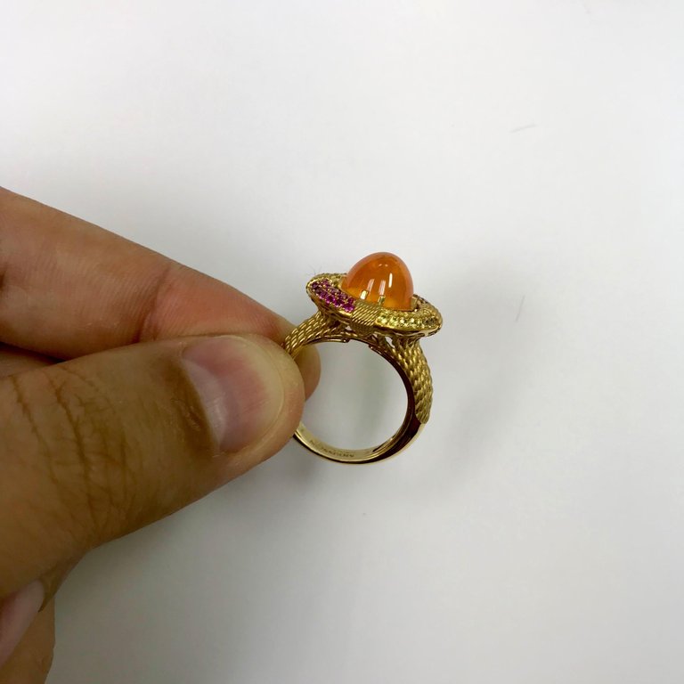 Spessartine Garnet, Pink and Yellow Sapphires, 18K Yellow Gold Lifebuoy Ring, R 0293-0