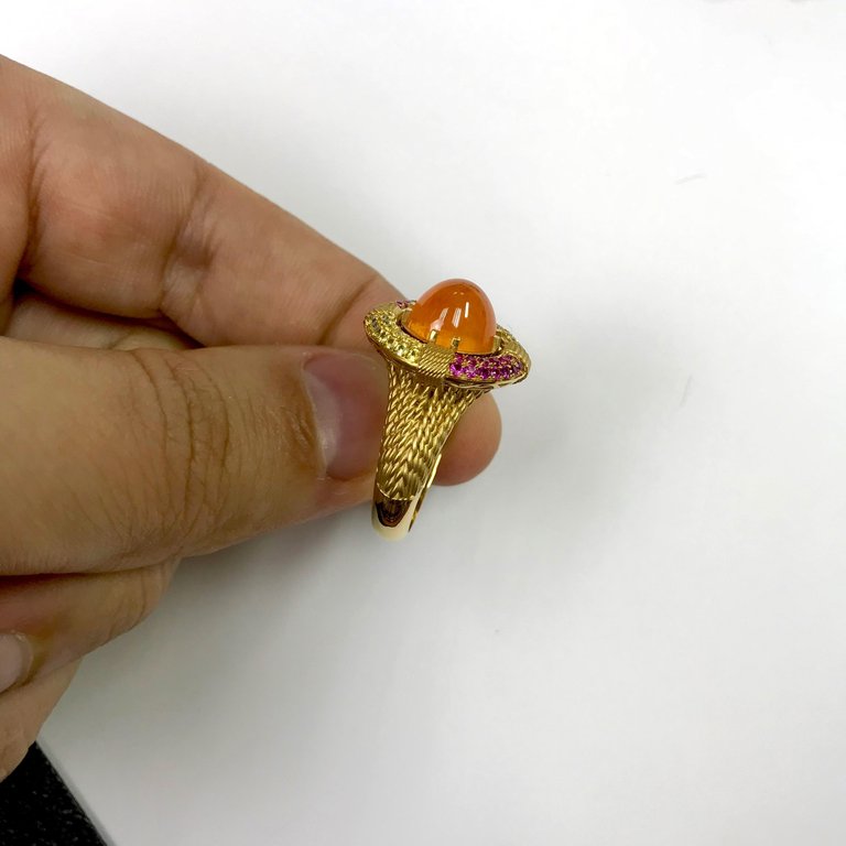 Spessartine Garnet, Pink and Yellow Sapphires, 18K Yellow Gold Lifebuoy Ring, R 0293-0