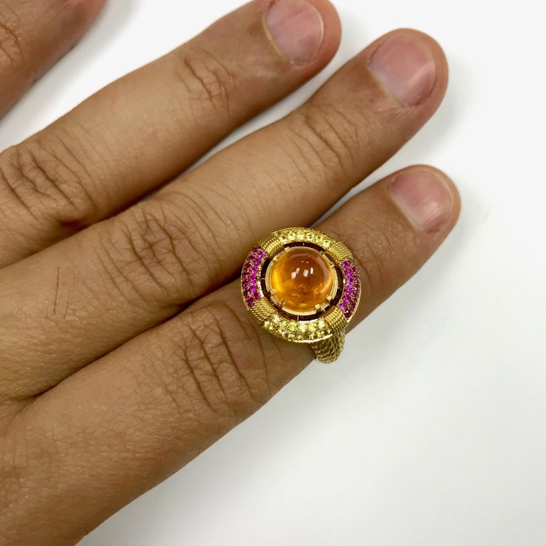 Spessartine Garnet, Pink and Yellow Sapphires, 18K Yellow Gold Lifebuoy Ring, R 0293-0