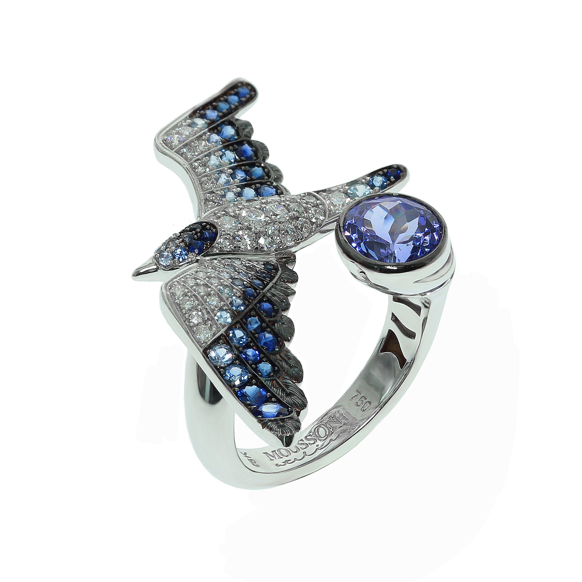 Diamonds, Blue Sapphire, Tanzanite 18K White Gold Ring, R 0294-1