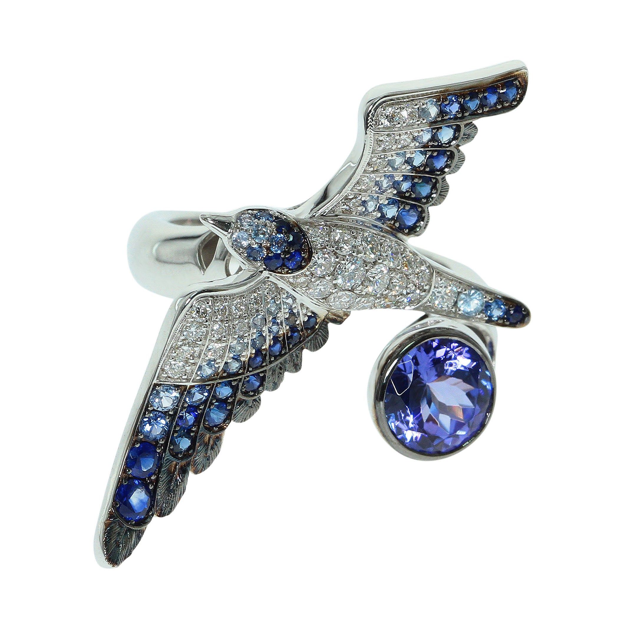 Diamonds, Blue Sapphire, Tanzanite 18K White Gold Ring, R 0294-1