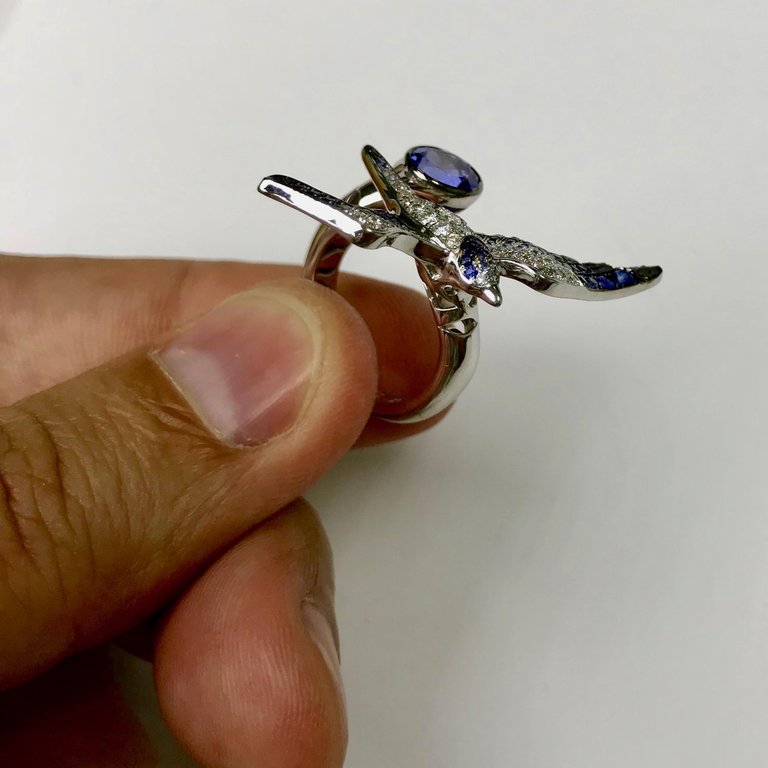 Diamonds, Blue Sapphire, Tanzanite 18K White Gold Ring, R 0294-1
