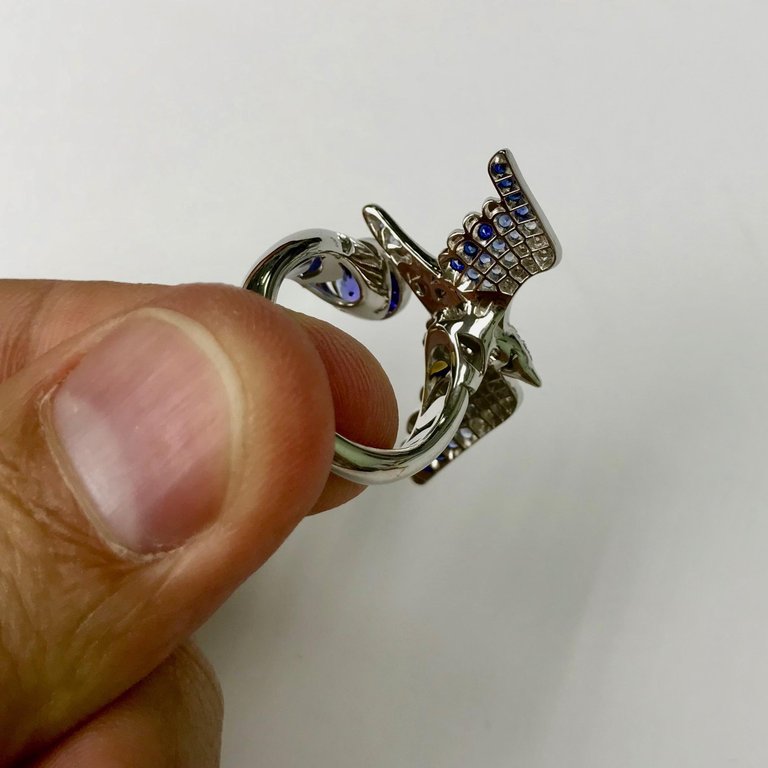 Diamonds, Blue Sapphire, Tanzanite 18K White Gold Ring, R 0294-1