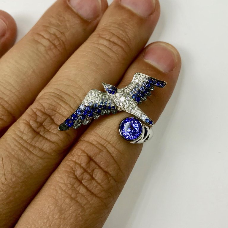 Diamonds, Blue Sapphire, Tanzanite 18K White Gold Ring, R 0294-1