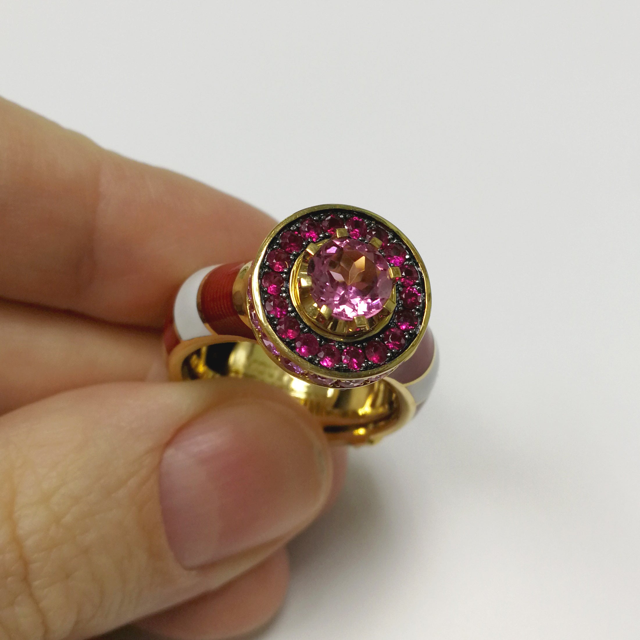 Pink Tourmaline, Pink Sapphires, 18K Yellow Gold, Enamel Ring, R 0295-0