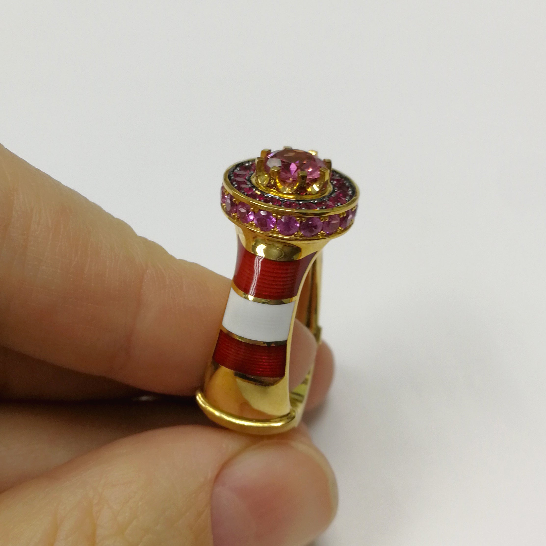 Pink Tourmaline, Pink Sapphires, 18K Yellow Gold, Enamel Ring, R 0295-0